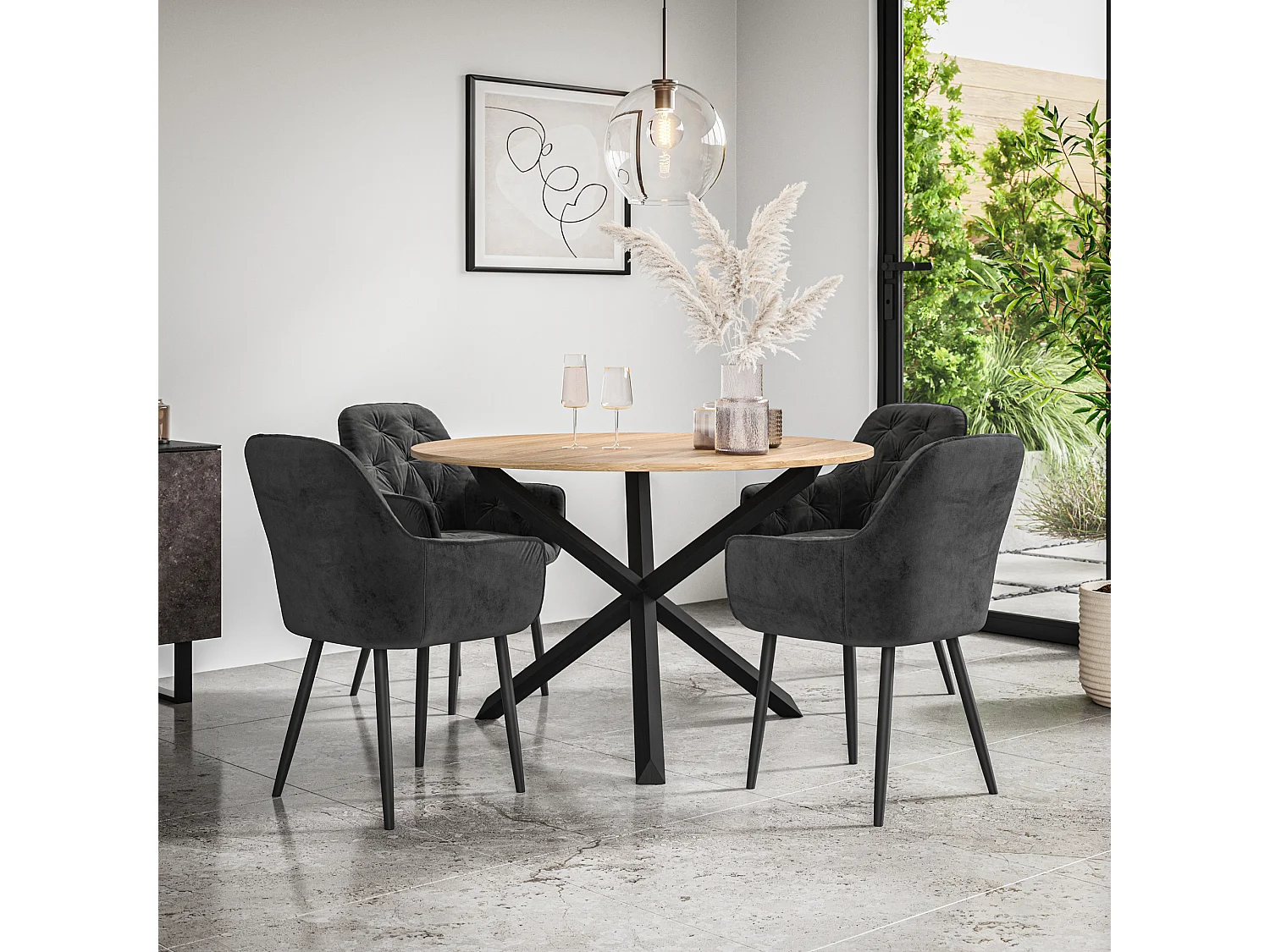 Malvern Round Dining Table And Chairs -  Oak Table Top w Solid Oak Black Legs + Anika Velvet Dining Chair Set Of 4