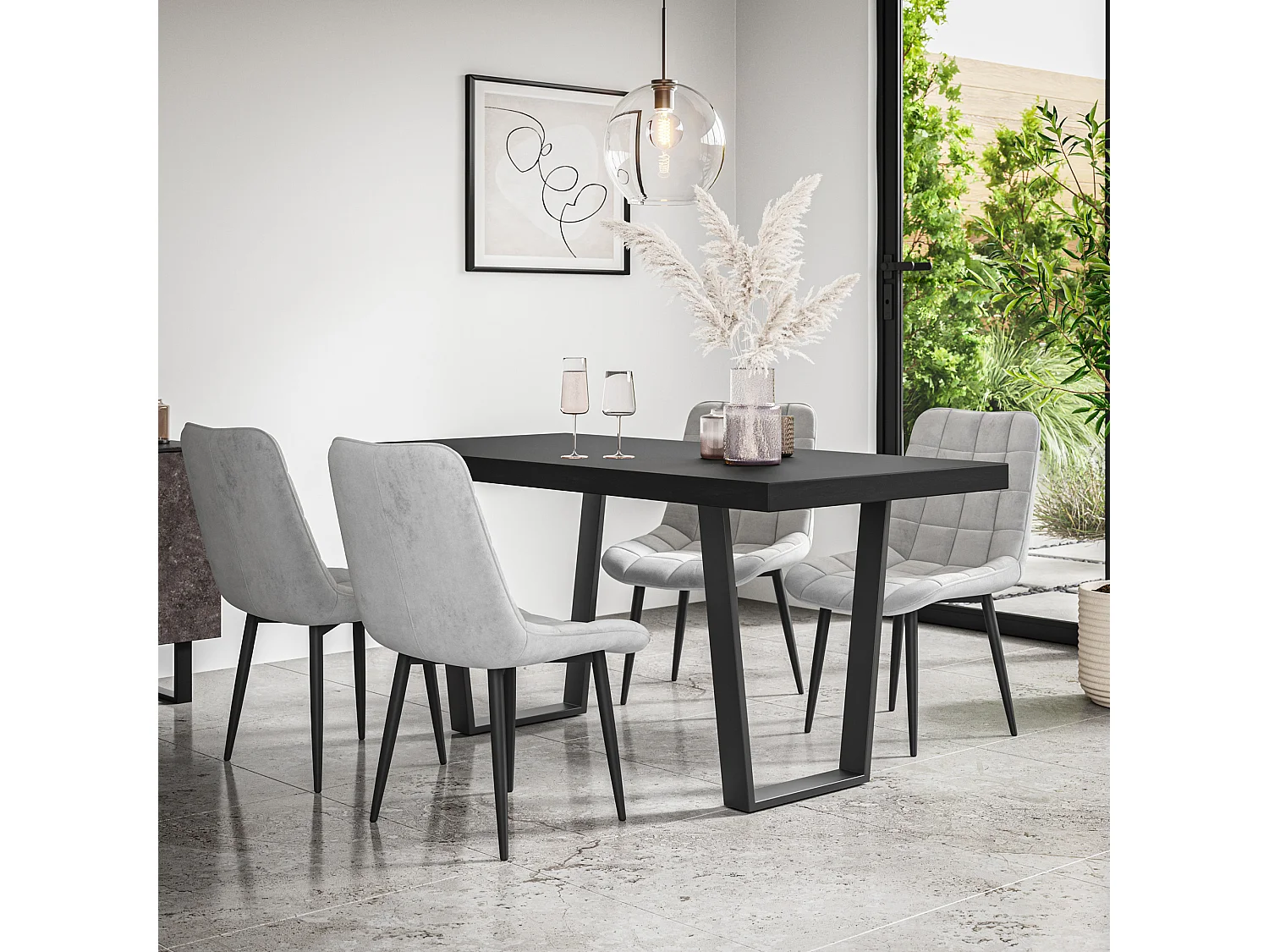 Aria Dining Table And Chairs -  Black Table Top w Black Legs + Nova Velvet Dining Chair Set Of 6