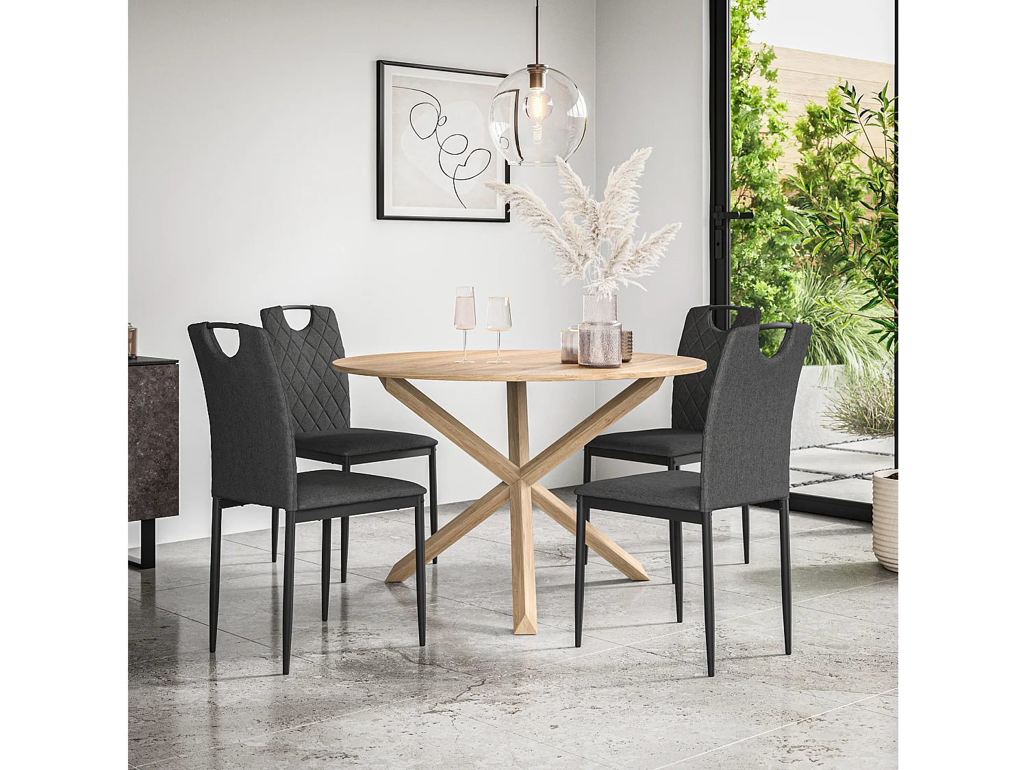 Malvern Round Dining Table And Chairs -  Oak Table Top w Solid Oak Legs + Monza Fabric Dining Chair Set Of 4