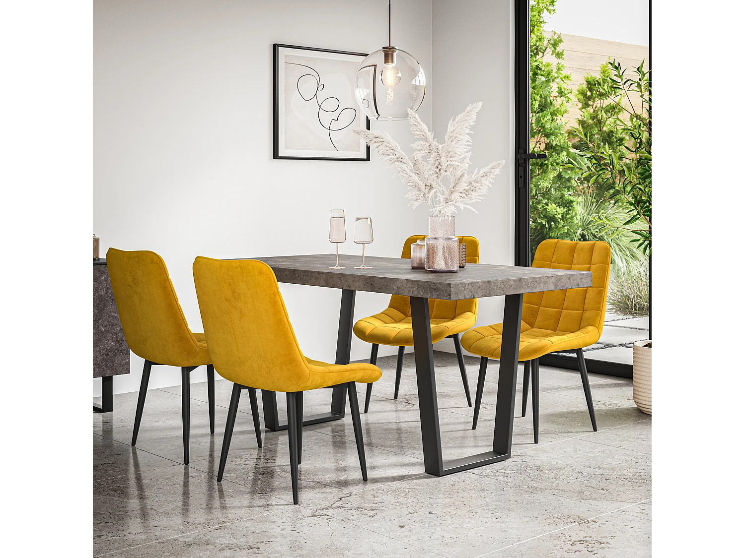 Aria Dining Table And Chairs -  Concrete Effect Table Top w Black Legs + Nova Velvet Dining Chair Set Of 6