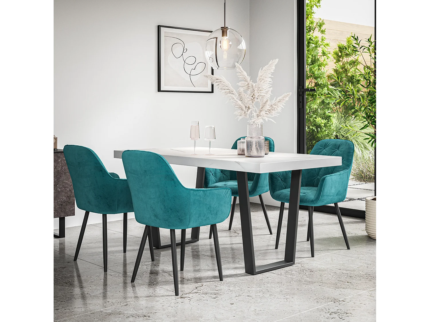 Aria Dining Table And Chairs -  White Marble Effect Table Top w Black Legs + Anika Velvet Dining Chair Set Of 6