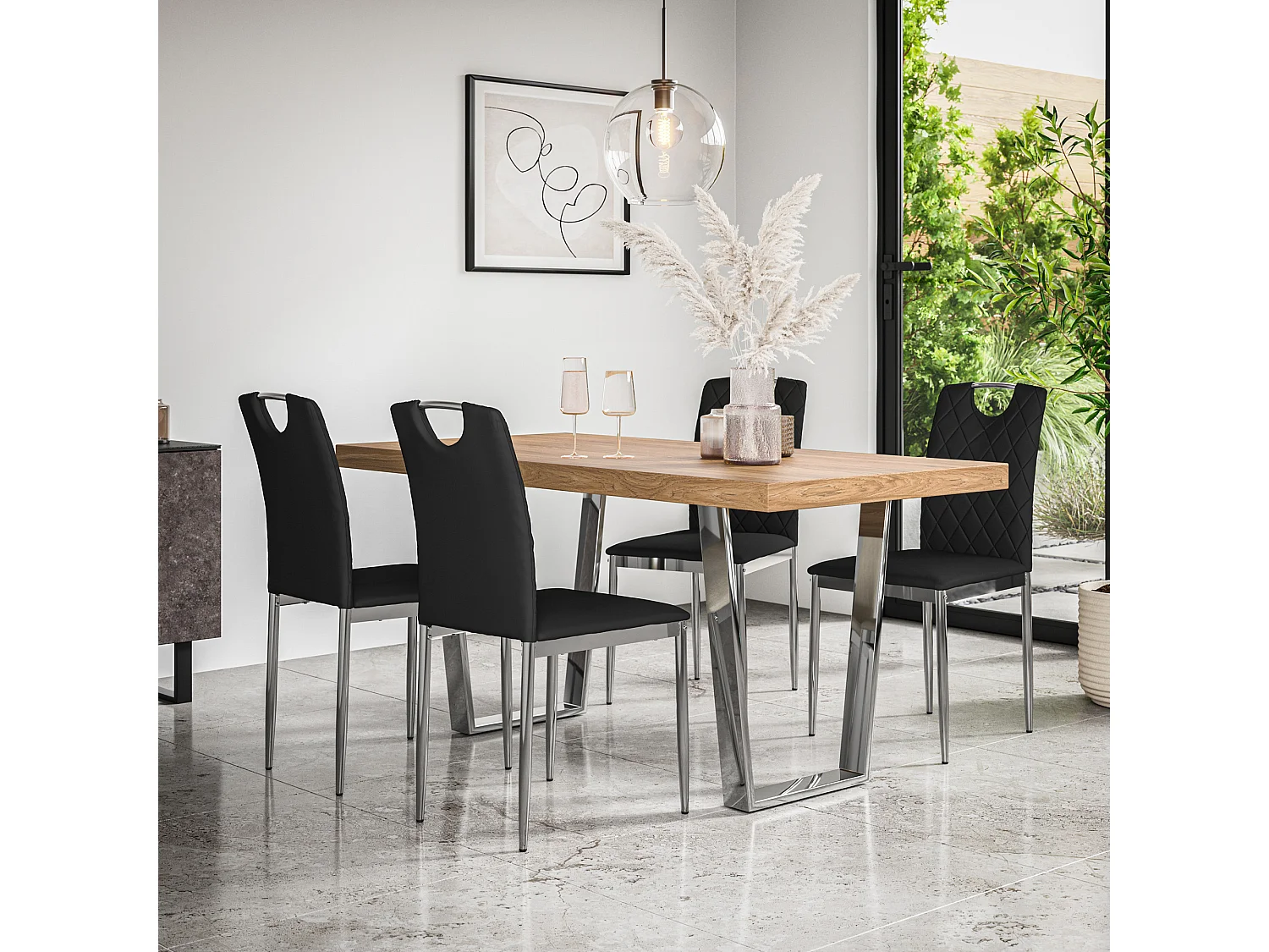 Aria Dining Table And Chairs -  Oak Effect Table Top w Chrome Legs + Monza Faux Leather Dining Chair w Chrome Legs Set Of 6