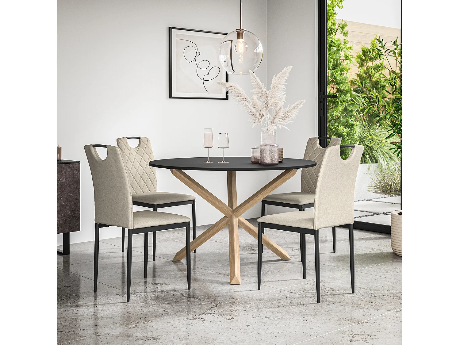 Malvern Round Dining Table And Chairs -  Black Table Top w Solid Oak Legs + Monza Fabric Dining Chair Set Of 4