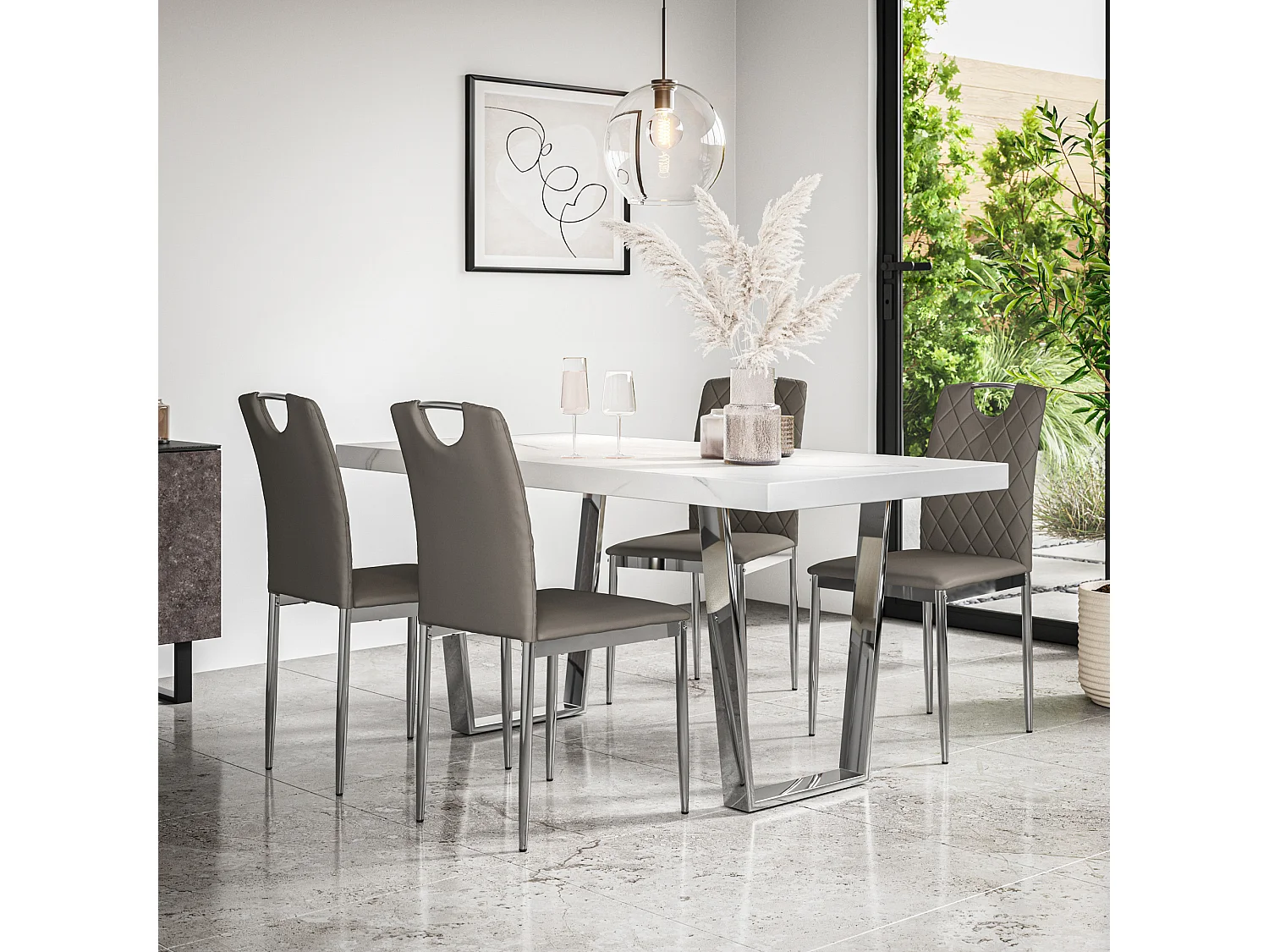 Aria Dining Table And Chairs -  White Marble Effect Table Top w Chrome Legs + Monza Faux Leather Dining Chair w Chrome Legs Set Of 6