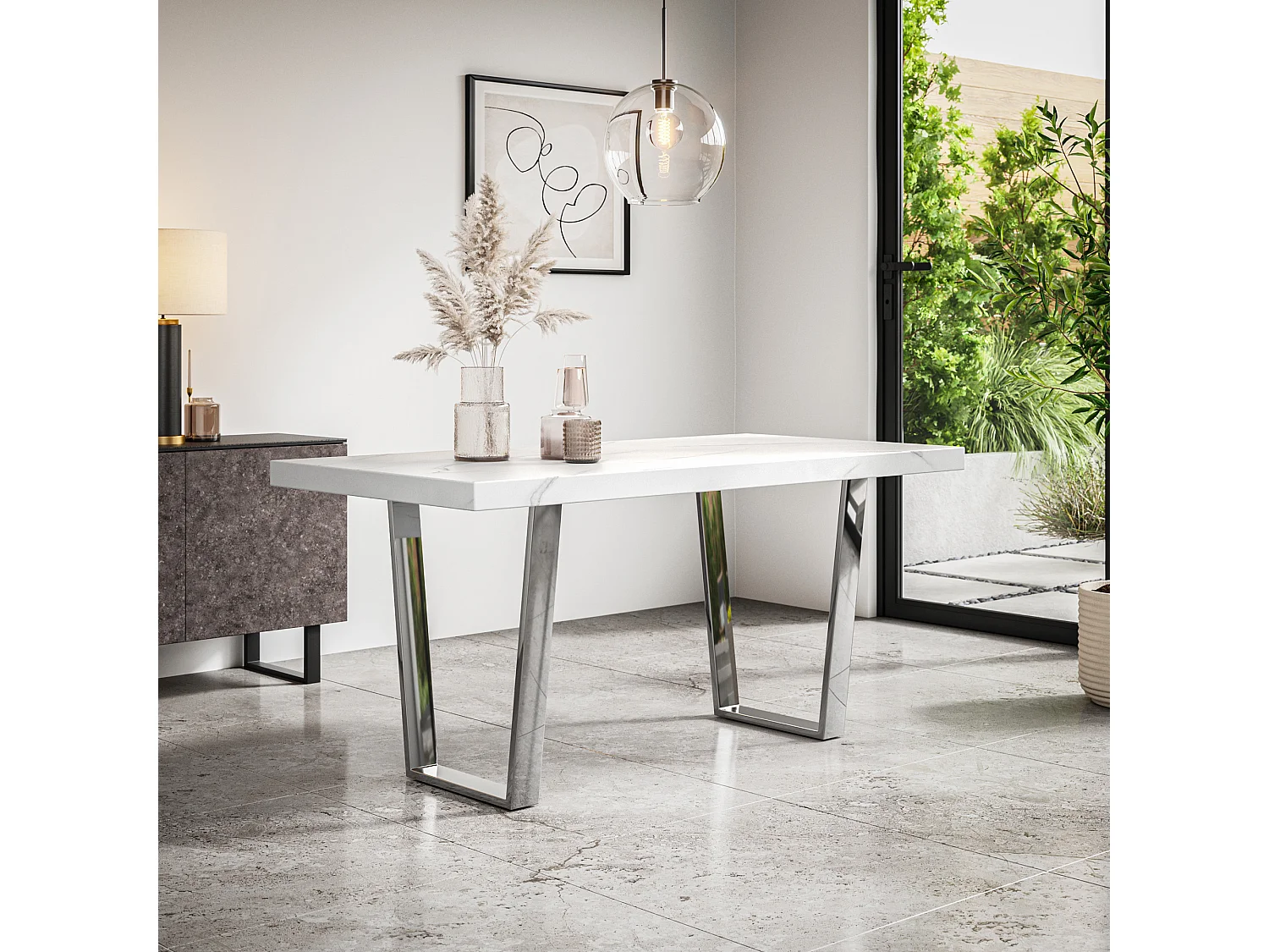 Aria Dining Table And Chairs -  White Marble Effect Table Top w Chrome Legs + Monza Faux Leather Dining Chair w Chrome Legs Set Of 6