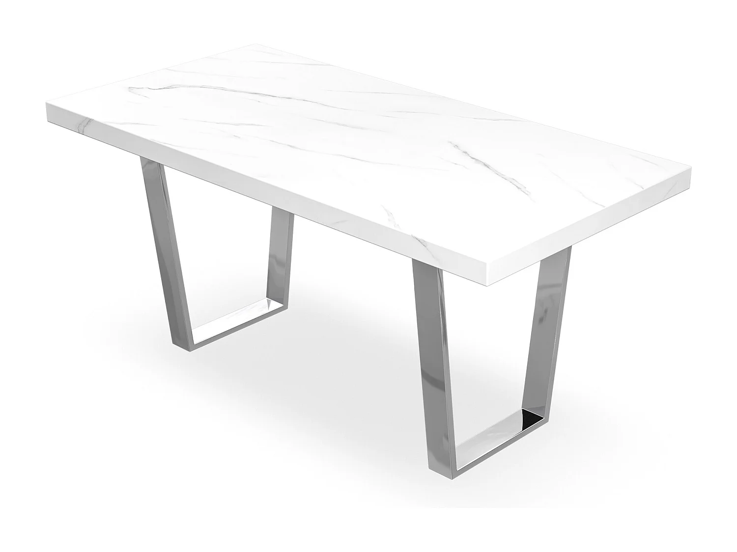Aria Dining Table And Chairs -  White Marble Effect Table Top w Chrome Legs + Monza Faux Leather Dining Chair w Chrome Legs Set Of 6