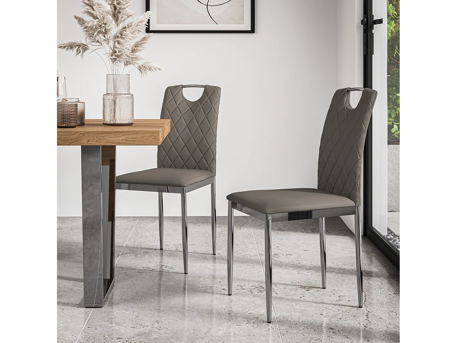 Aria Dining Table And Chairs -  White Marble Effect Table Top w Chrome Legs + Monza Faux Leather Dining Chair w Chrome Legs Set Of 6