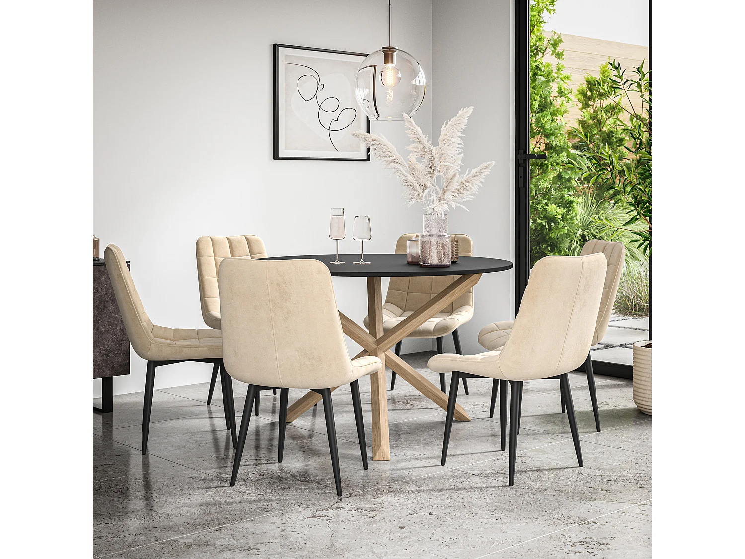 Malvern Round Dining Table And Chairs -  Black Table Top w Solid Oak Legs + Nova Velvet Dining Chair Set Of 6