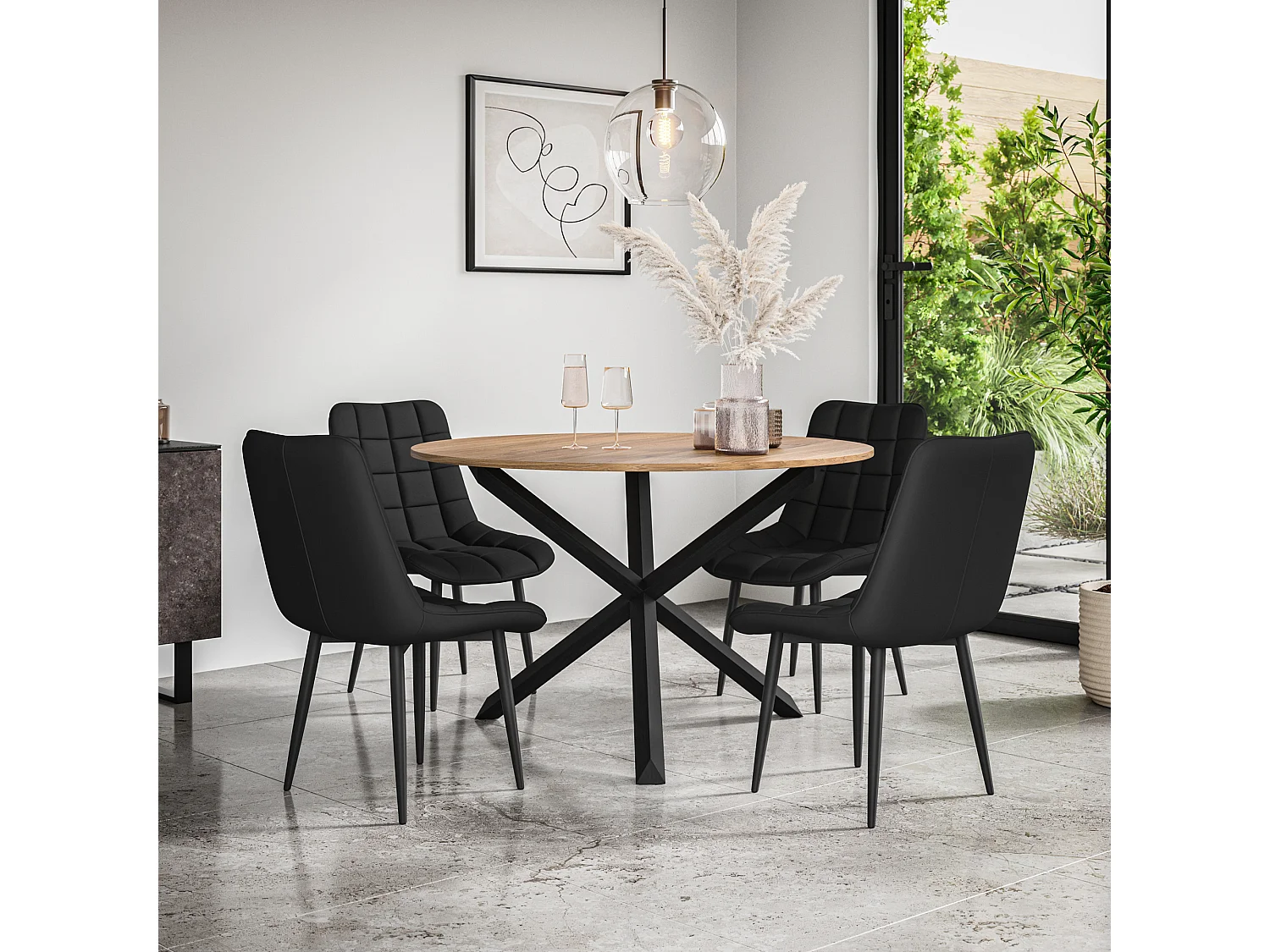 Malvern Round Dining Table And Chairs -  Oak Table Top w Solid Oak Black Legs + Nova Faux Leather Dining Chair Set Of 4
