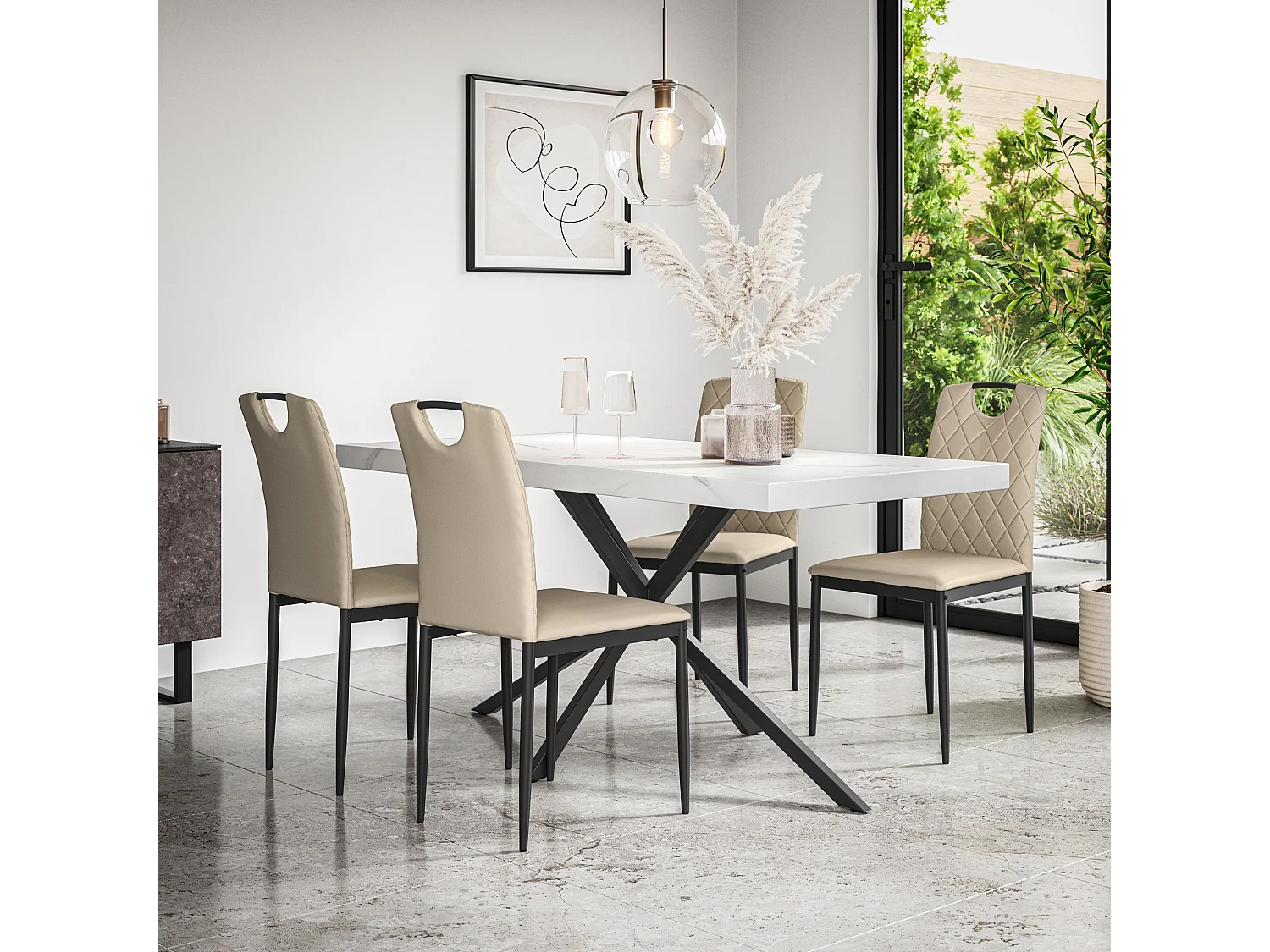 Donni Dining Table And Chairs -  White Marble Effect Table Top w Black Legs + Monza Faux Leather Dining Chair Set Of 4