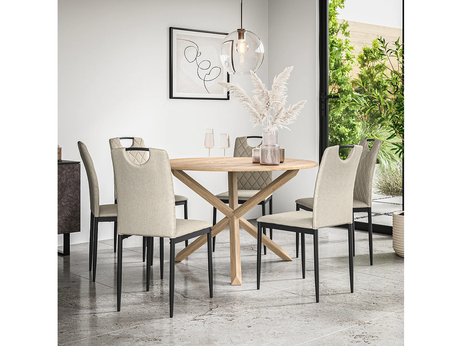 Malvern Round Dining Table And Chairs -  Oak Table Top w Solid Oak Legs + Monza Fabric Dining Chair Set Of 6