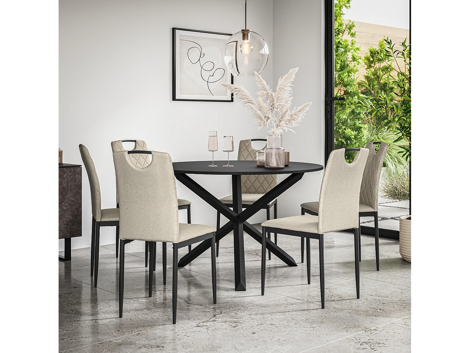 Malvern Round Dining Table And Chairs -  Black Table Top w Solid Oak Black Legs + Monza Fabric Dining Chair Set Of 6