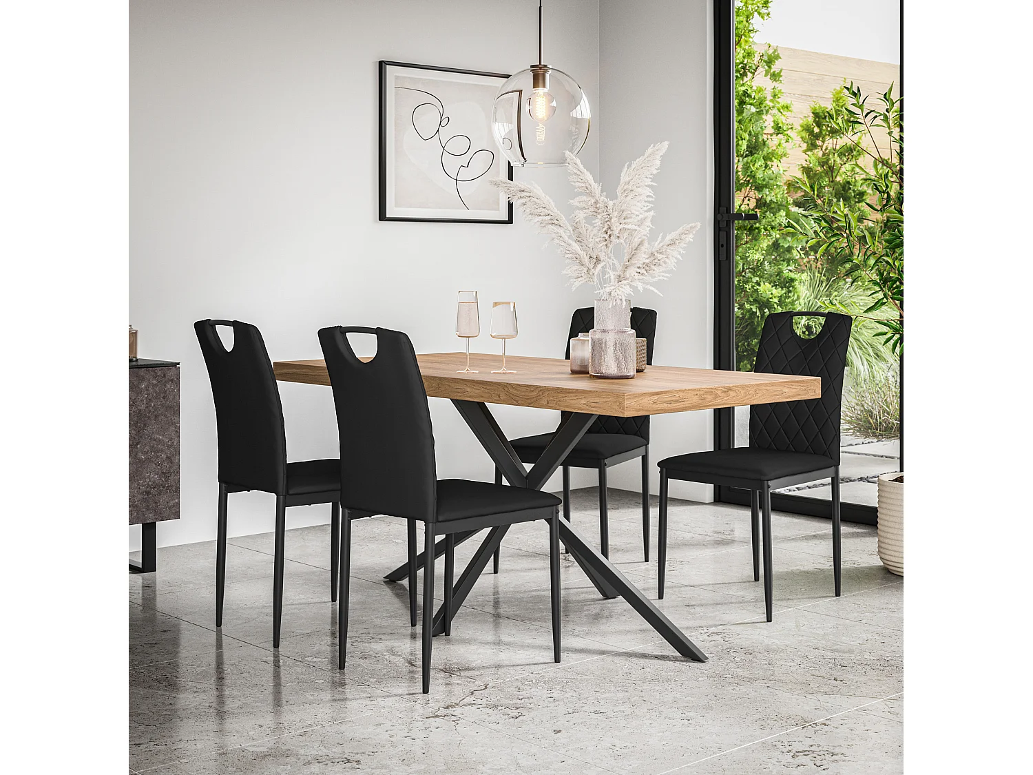 Donni Dining Table And Chairs -  Oak Effect Table Top w Black Legs + Monza Faux Leather Dining Chair Set Of 4