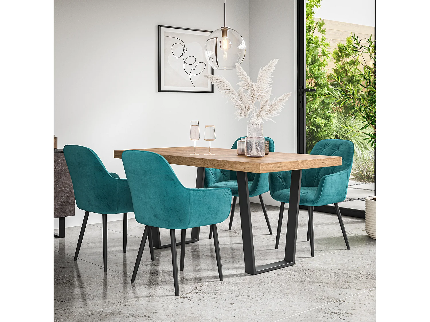Aria Dining Table And Chairs -  Oak Effect Table Top w Black Legs + Anika Velvet Dining Chair Set Of 6
