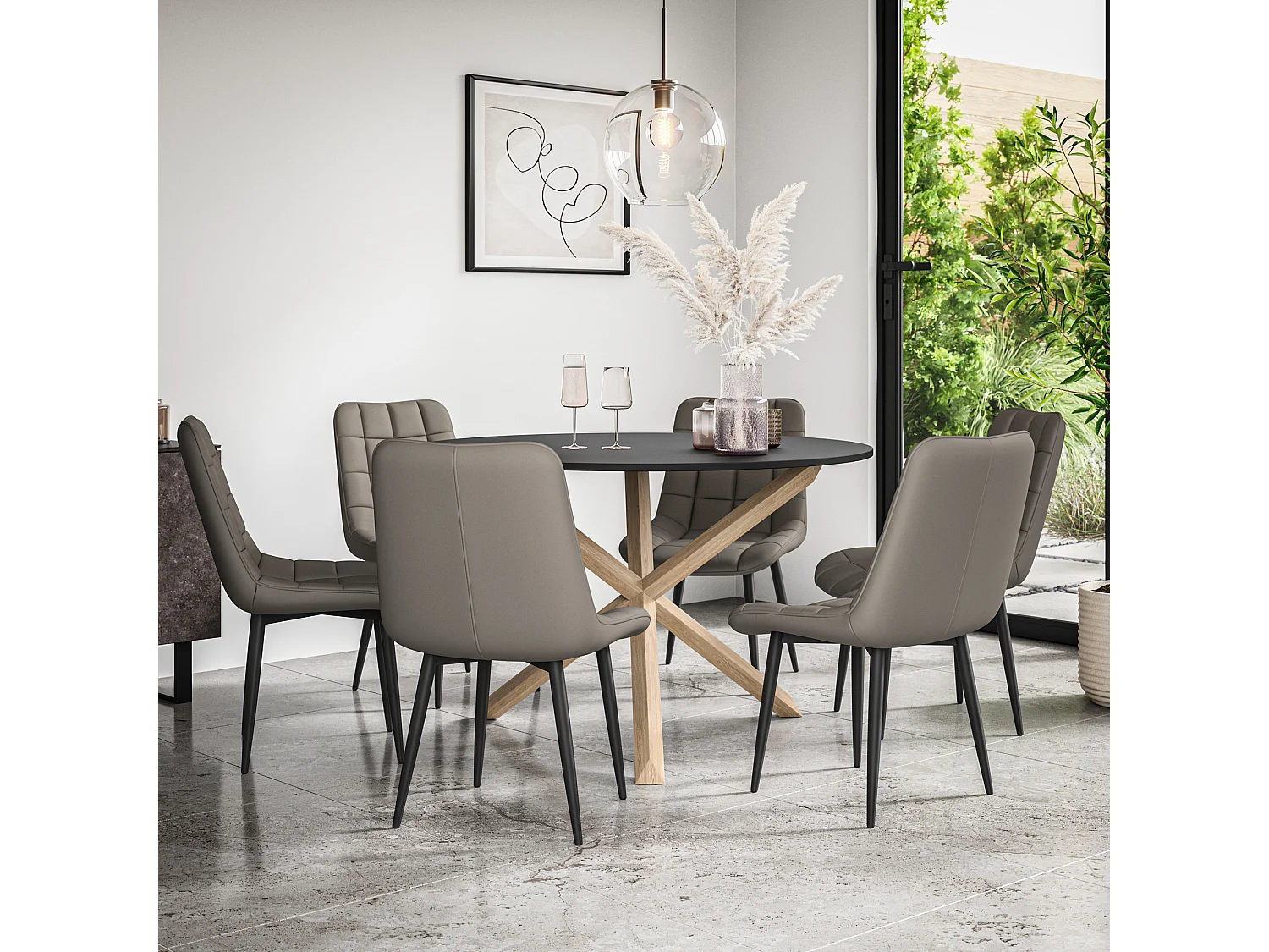 Malvern Round Dining Table And Chairs -  Black Table Top w Solid Oak Legs + Nova Faux Leather Dining Chair Set Of 6