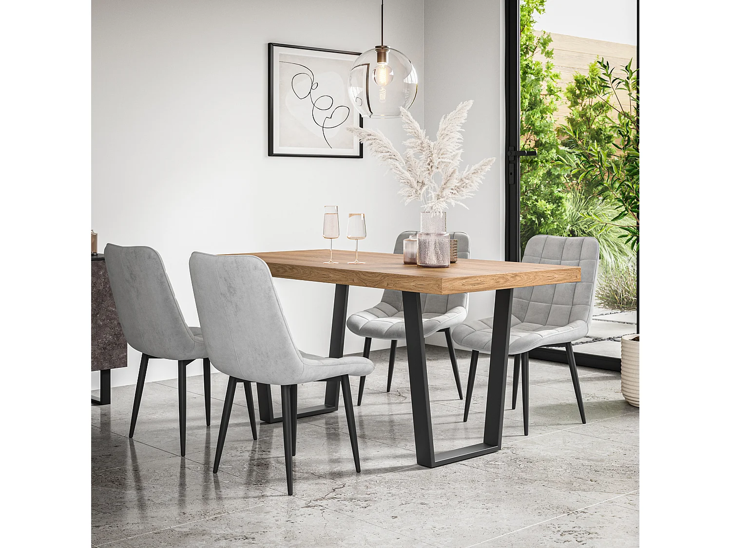 Aria Dining Table And Chairs -  Oak Effect Table Top w Black Legs + Nova Faux Leather Dining Chair Set Of 6