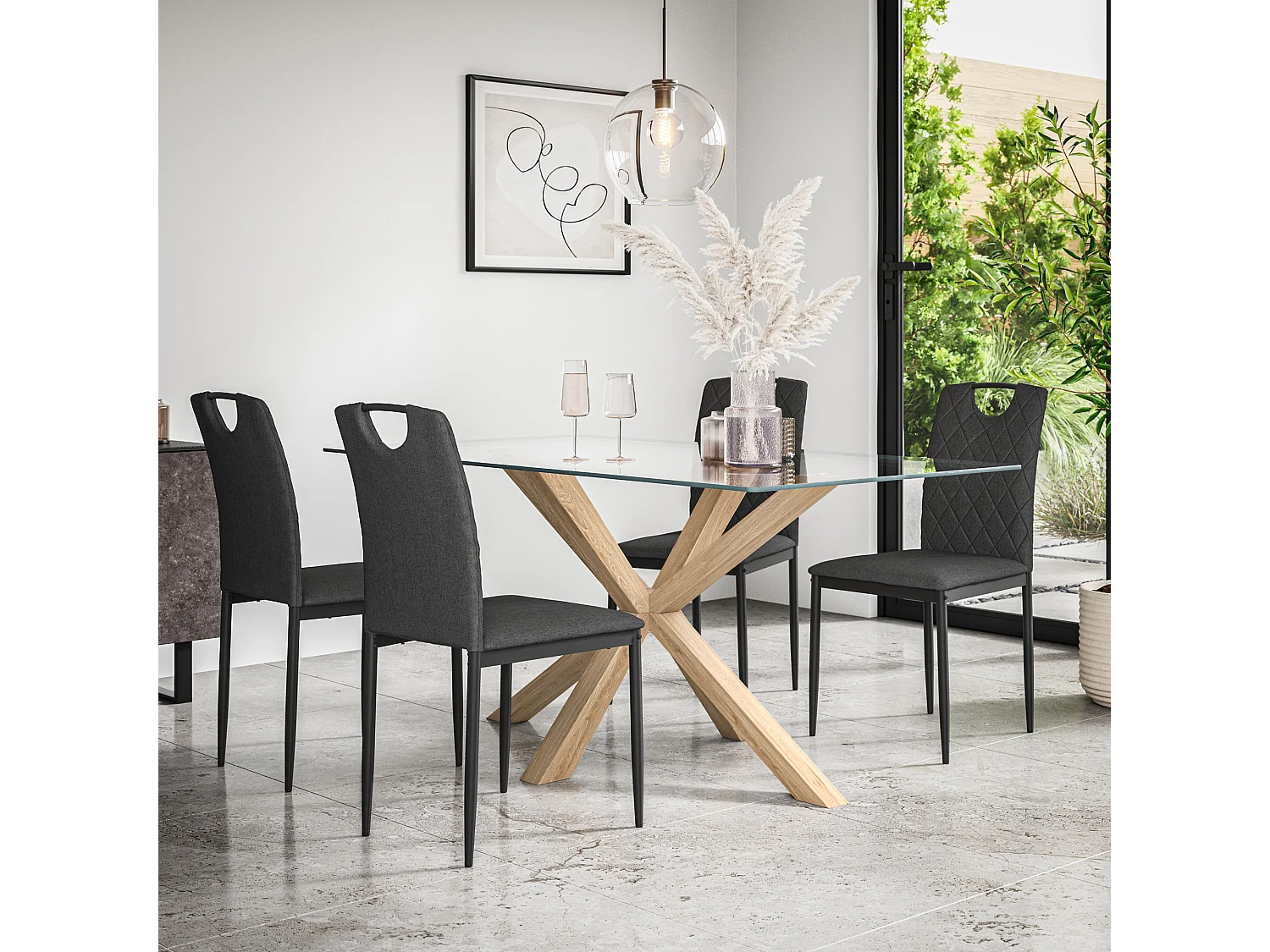 Etta Glass Dining Table And Chairs - Glass Top w Solid Oak Legs + Monza Fabric Dining Chair Set Of 4