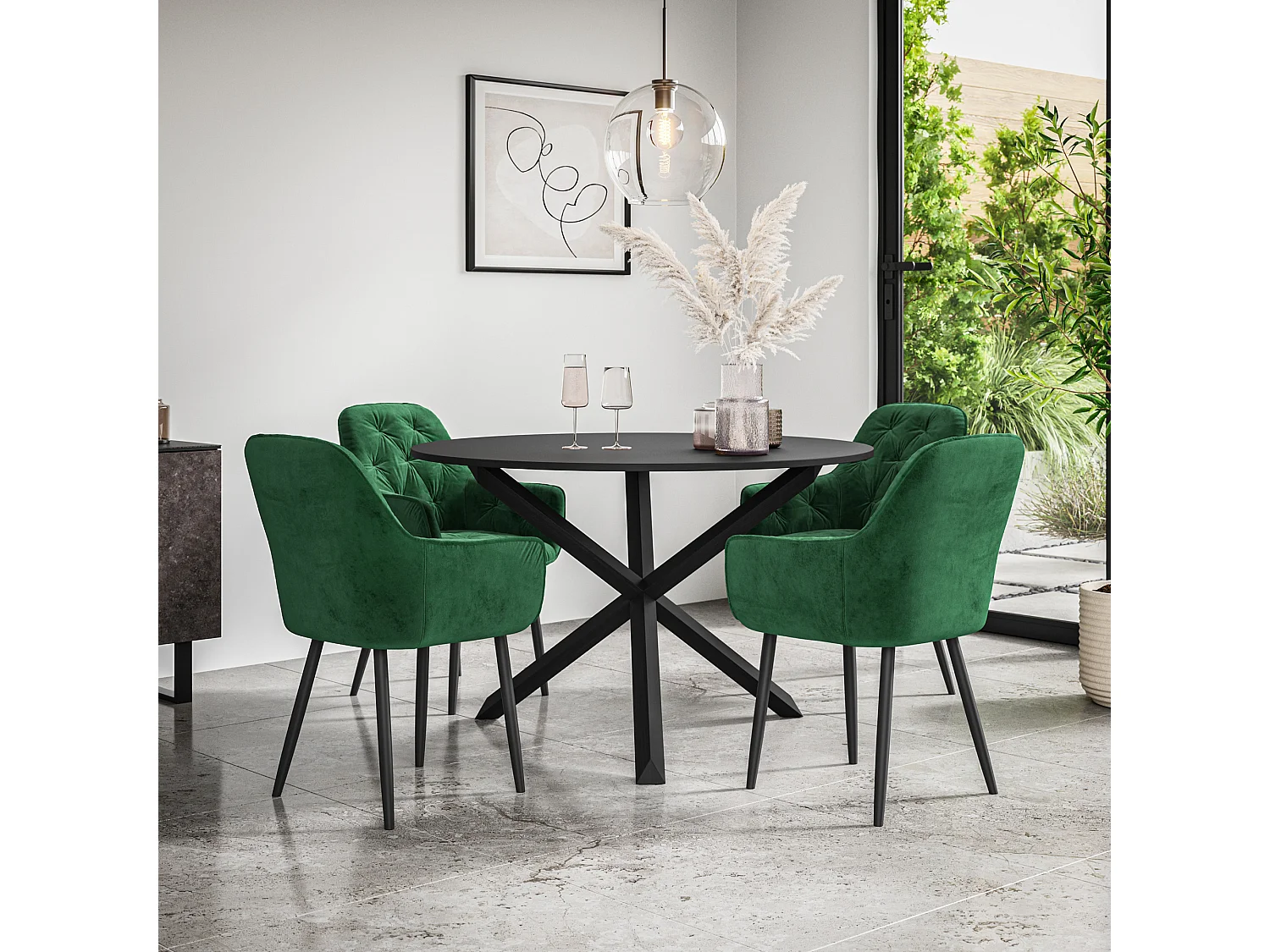 Malvern Round Dining Table And Chairs -  Black Table Top w Solid Oak Black Legs + Anika Velvet Dining Chair Set Of 4