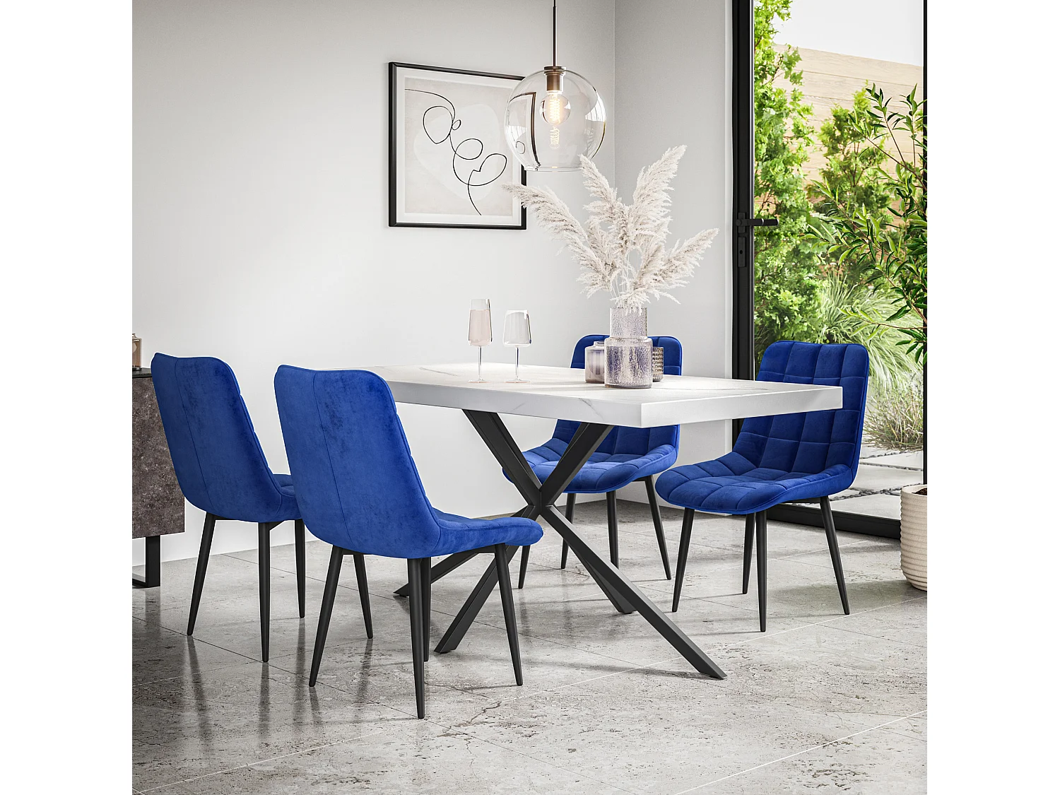 Donni Dining Table And Chairs -  White Marble Effect Table Top w Black Legs + Nova Velvet Dining Chair Set Of 4