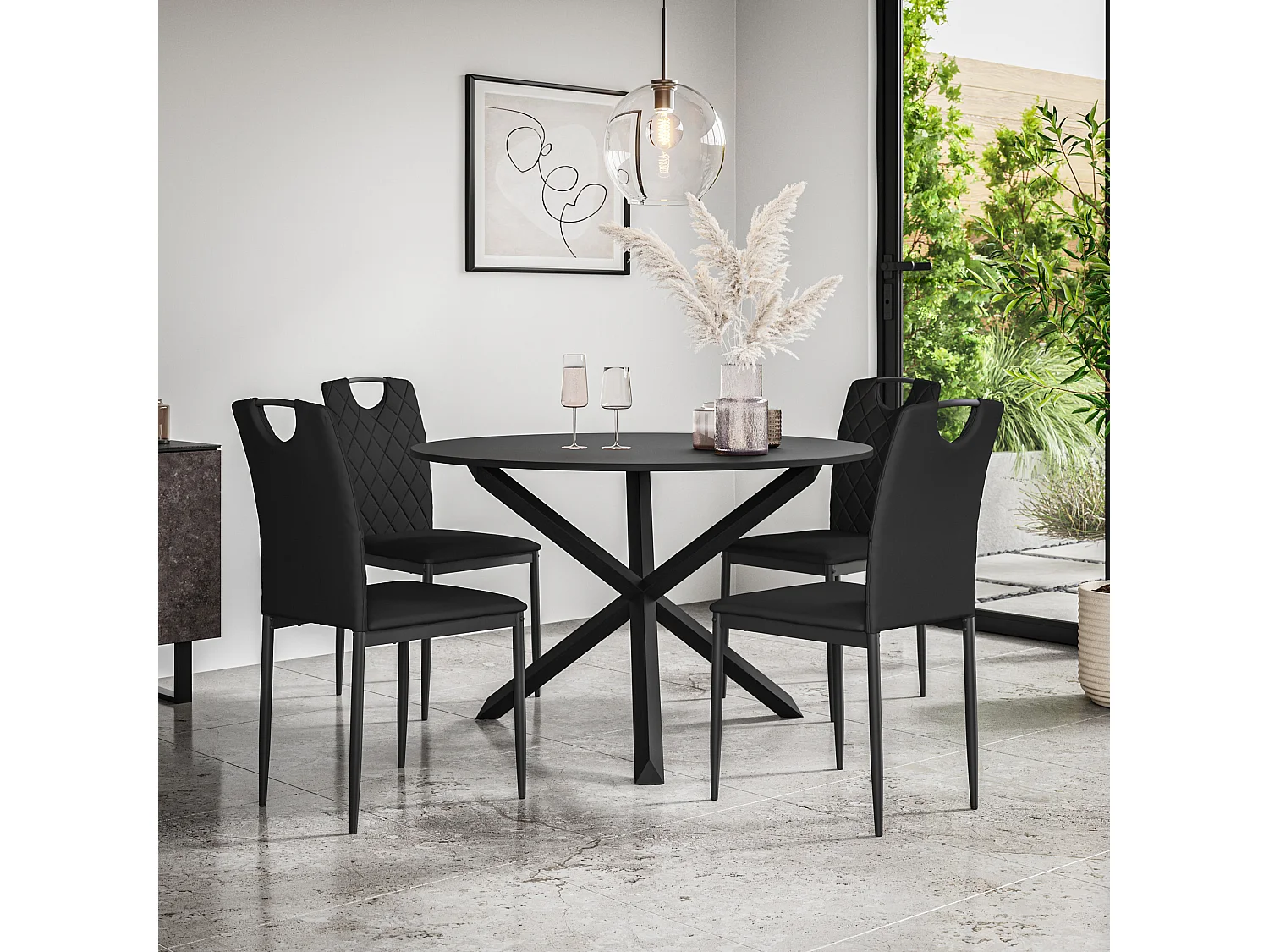 Malvern Round Dining Table And Chairs -  Black Table Top w Solid Oak Black Legs + Monza Faux Leather Dining Chair Set Of 4