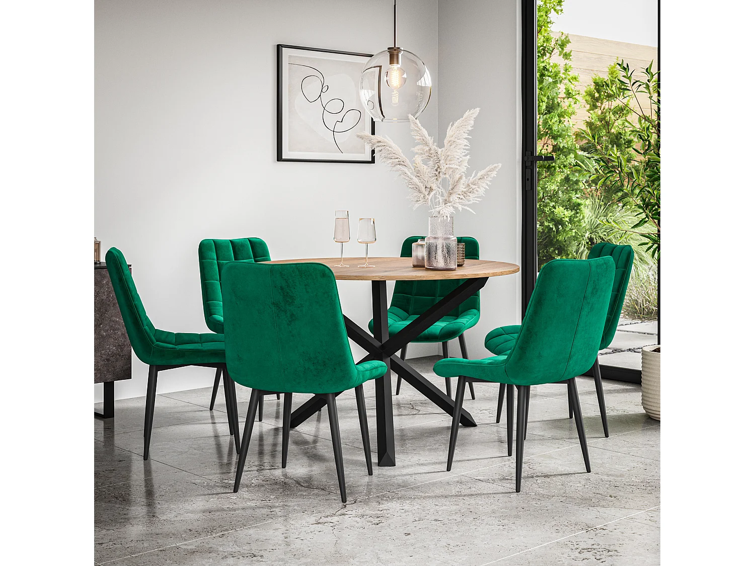 Malvern Round Dining Table And Chairs -  Oak Table Top w Solid Oak Black Legs + Nova Velvet Dining Chair Set Of 6
