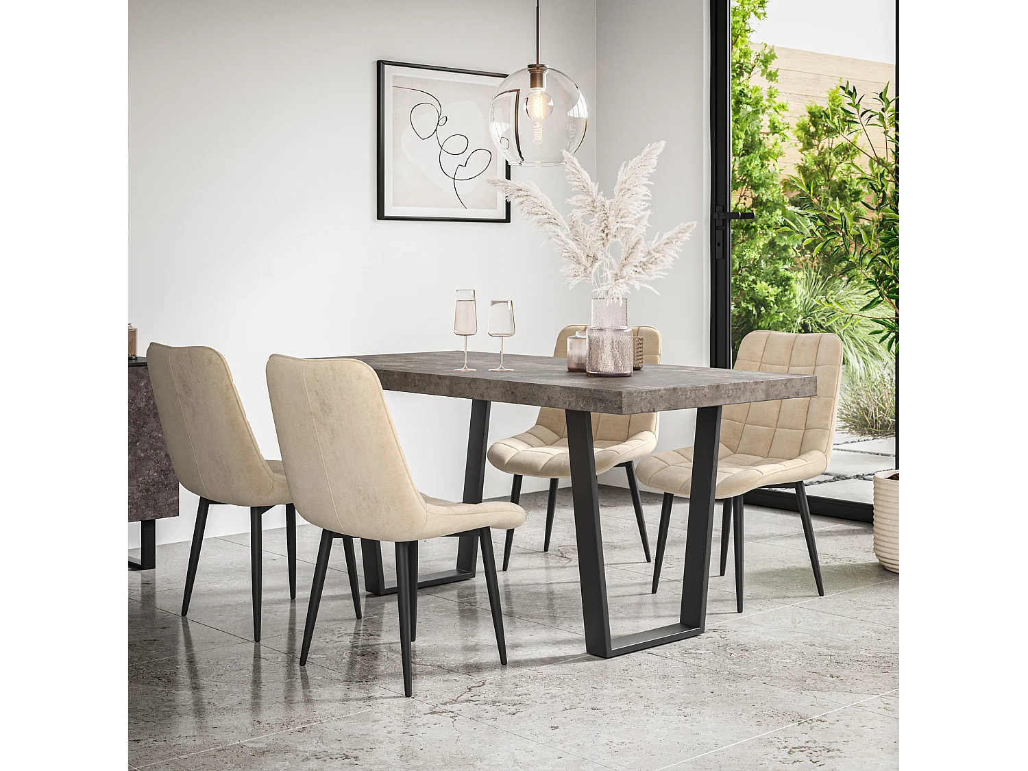 Aria Dining Table And Chairs -  Concrete Effect Table Top w Black Legs + Nova Velvet Dining Chair Set Of 4