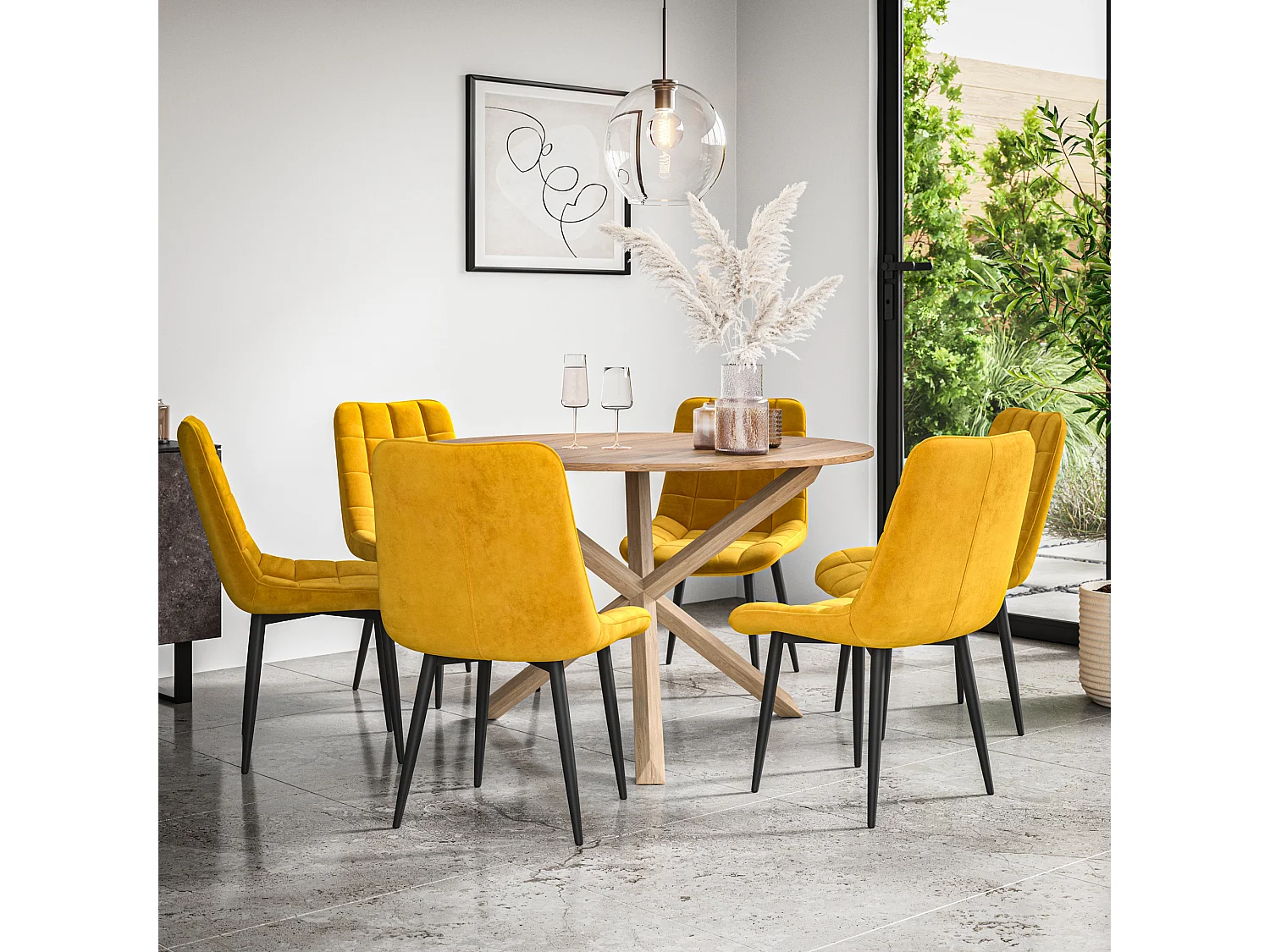 Malvern Round Dining Table And Chairs -  Oak Table Top w Solid Oak Legs + Nova Velvet Dining Chair Set Of 6