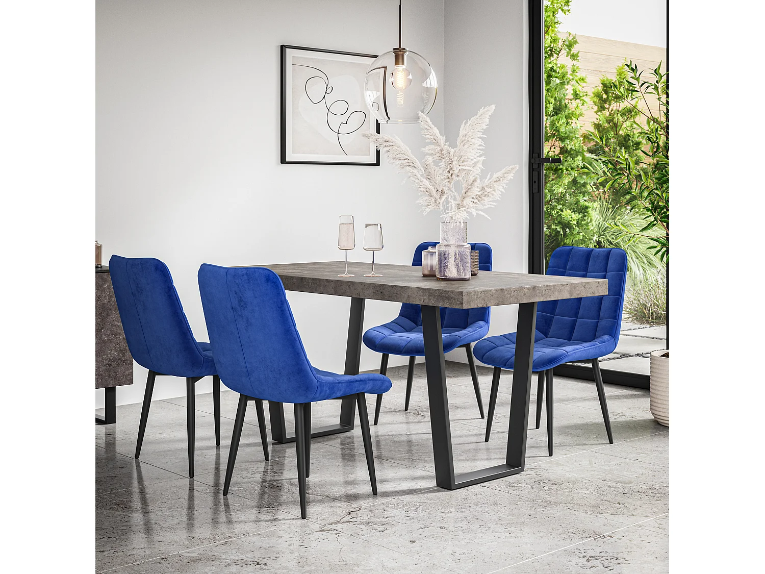 Aria Dining Table And Chairs -  Concrete Effect Table Top w Black Legs + Nova Velvet Dining Chair  Set Of 6