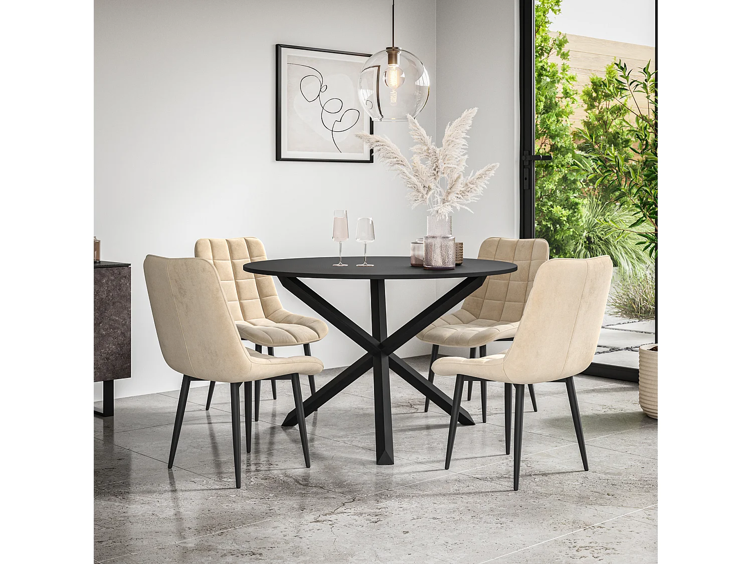 Malvern Round Dining Table And Chairs -  Black Table Top w Solid Oak Black Legs + Nova Velvet Dining Chair Set Of 4