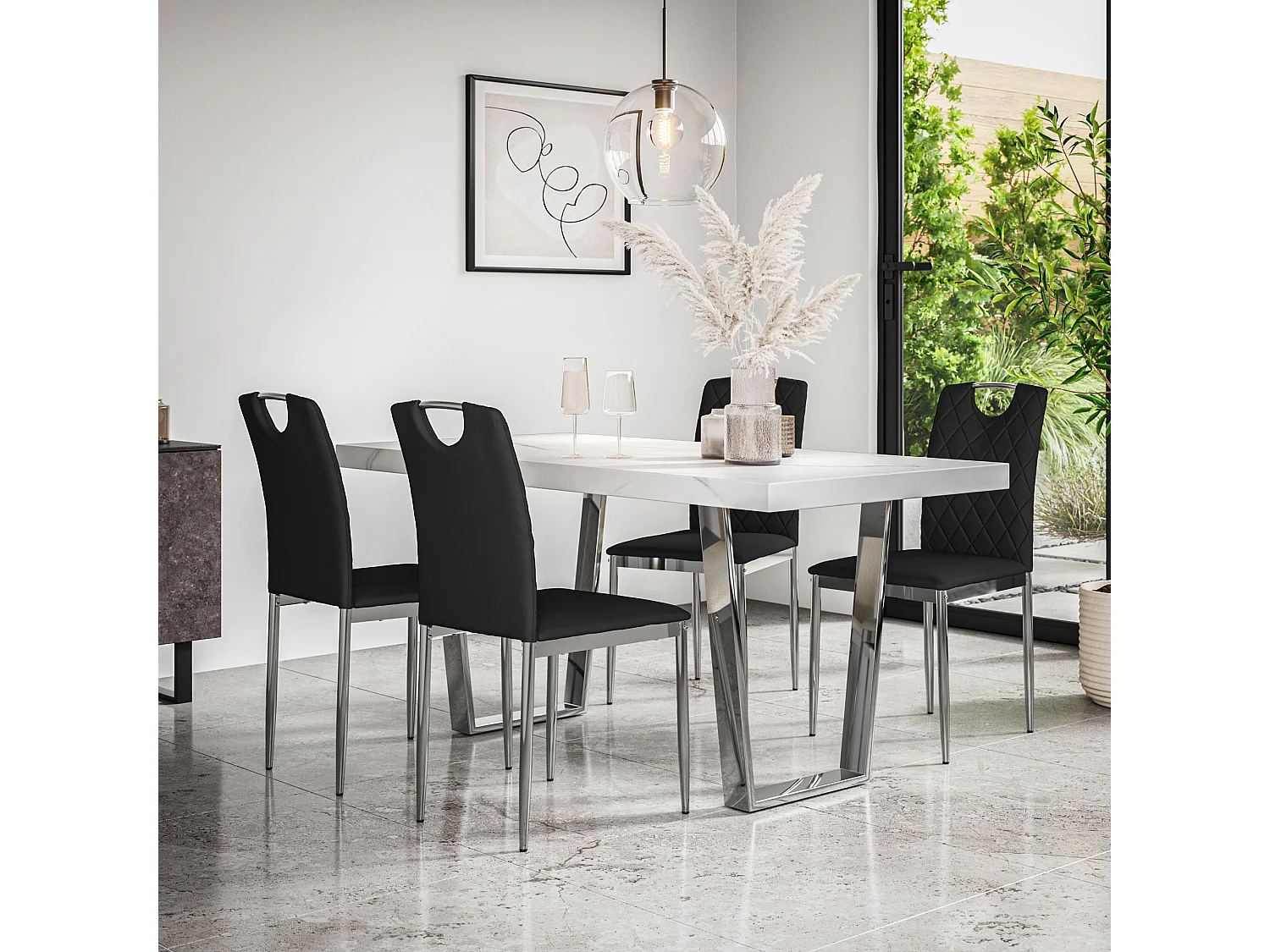 Aria Dining Table And Chairs -  White Marble Effect Table Top w Chrome Legs + Monza Faux Leather Dining Chair w Chrome Legs Set Of 6