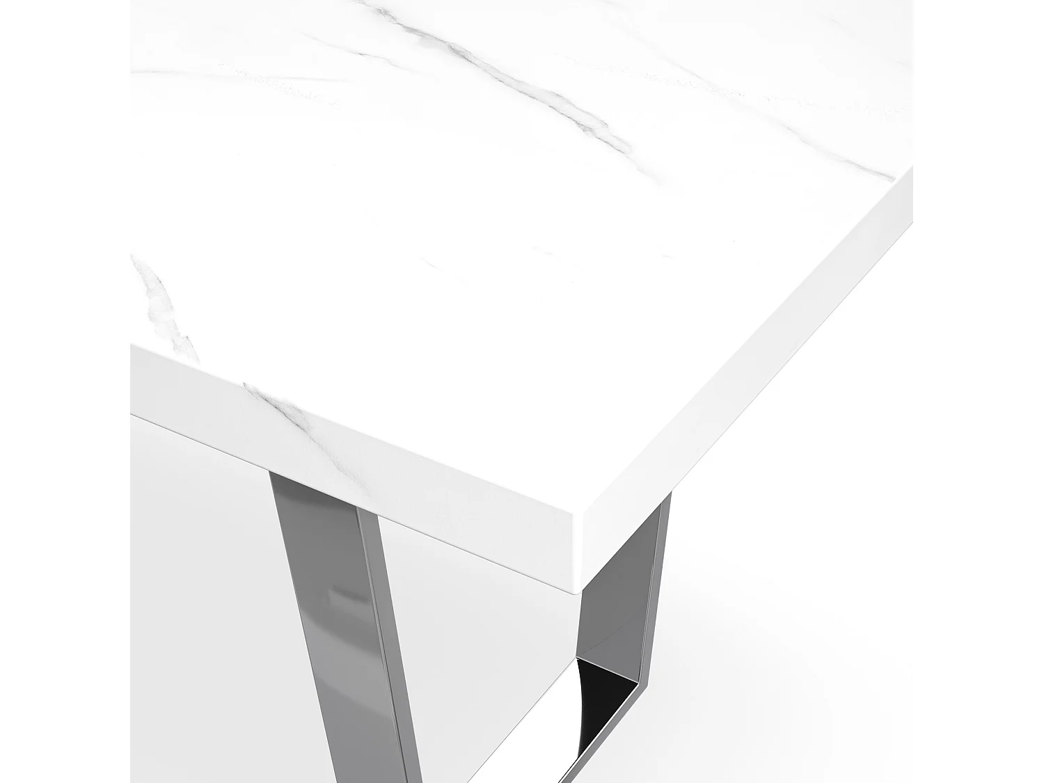 Aria Dining Table And Chairs -  White Marble Effect Table Top w Chrome Legs + Monza Faux Leather Dining Chair w Chrome Legs Set Of 6