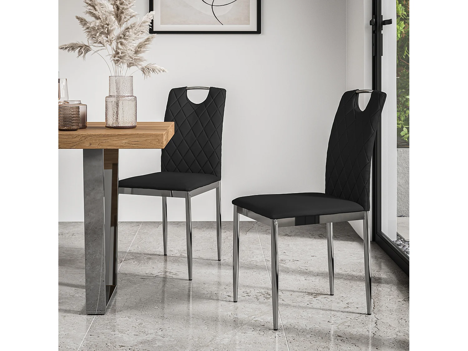 Aria Dining Table And Chairs -  White Marble Effect Table Top w Chrome Legs + Monza Faux Leather Dining Chair w Chrome Legs Set Of 6