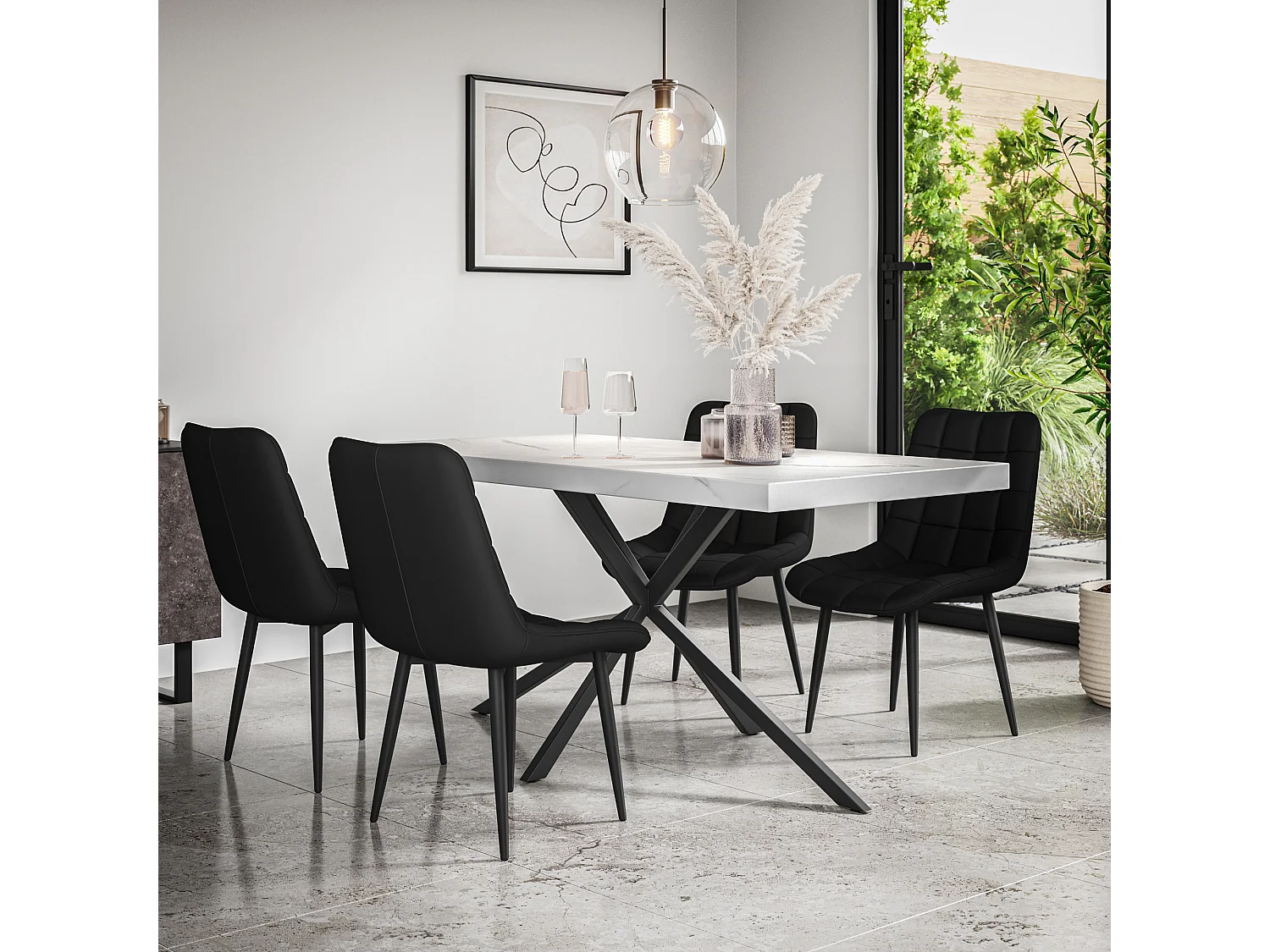 Donni Dining Table And Chairs -  White Marble Effect Table Top w Black Legs + Nova Faux Leather Dining Chair Set Of 6