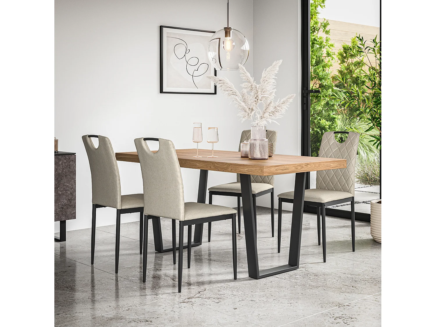 Aria Dining Table And Chairs -  Oak Effect Table Top w Black Legs + Monza Linen Dining Chair Set Of 4
