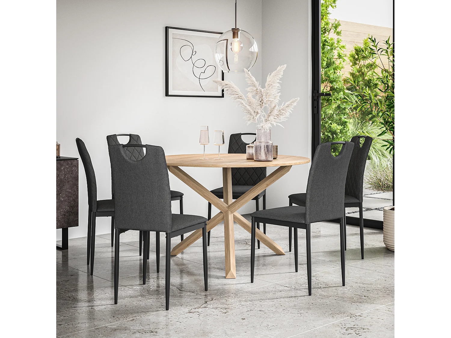 Malvern Round Dining Table And Chairs -  Oak Table Top w Solid Oak Legs + Monza Fabric Dining Chair Set Of 6