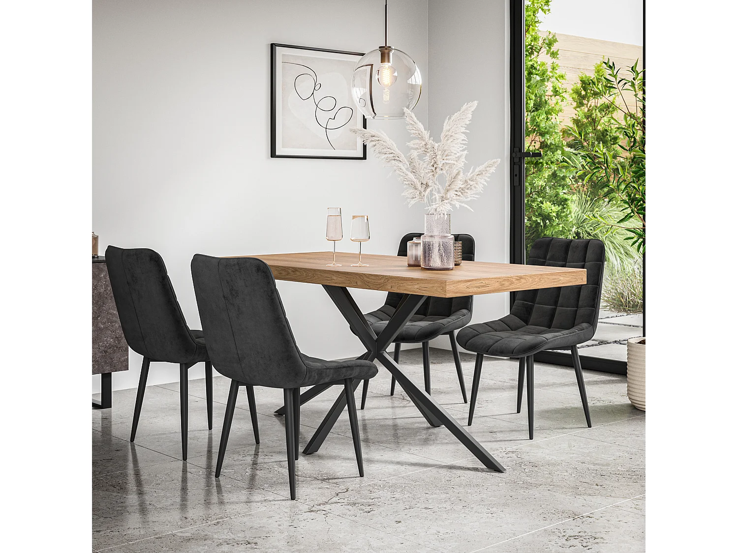 Donni Dining Table And Chairs -  Oak Effect Table Top w Black Legs + Nova Velvet Dining Chair Set Of 6