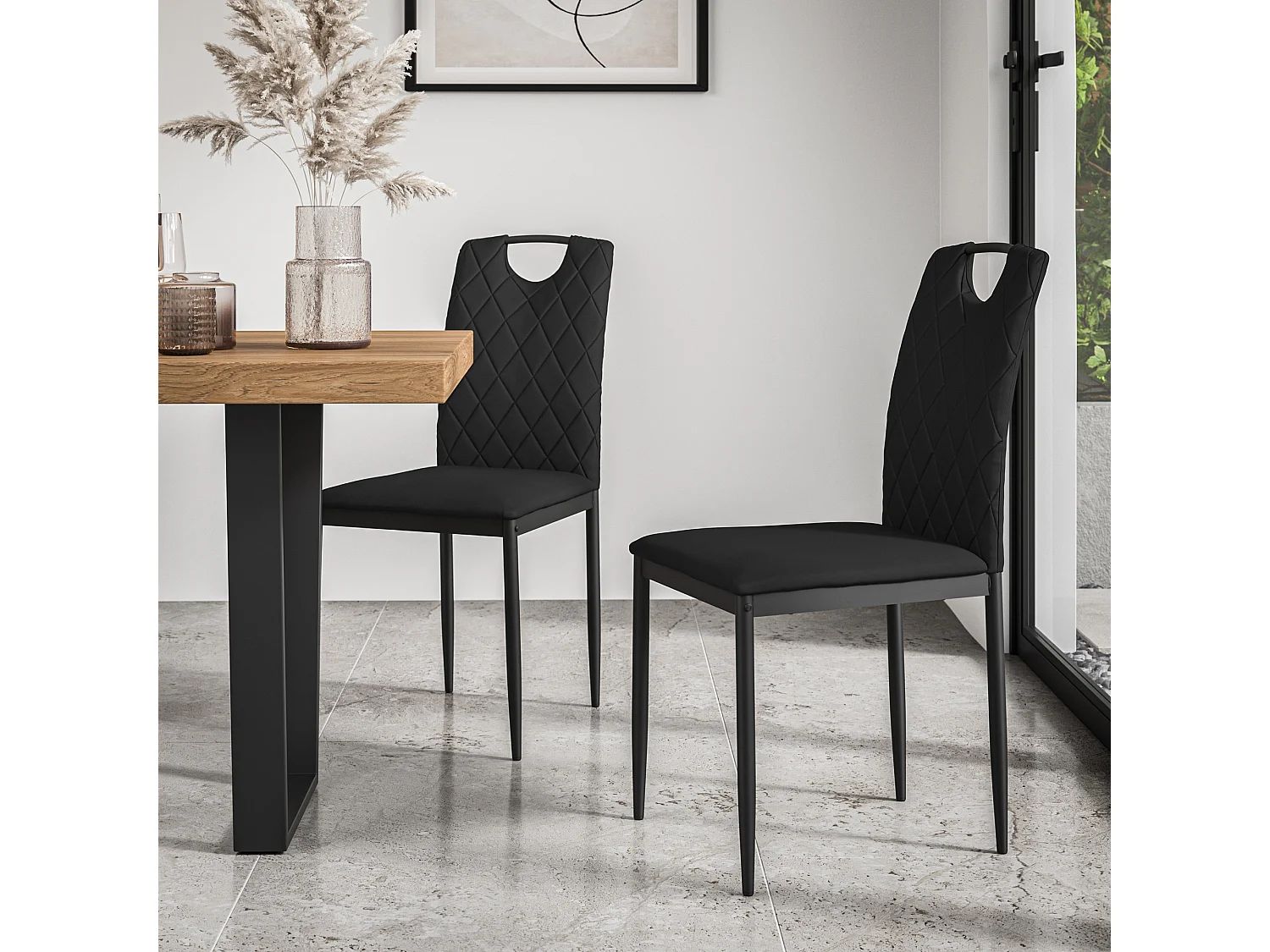 Etta Glass Dining Table And Chairs - Glass Top w Solid Oak Legs + Monza Faux Leather Dining Chair Set Of 4