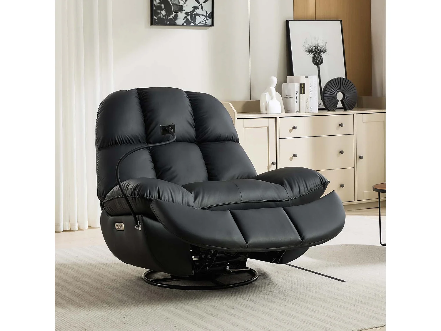 Chicago Faux Leather Swivel & Rocker Electric Recliner Chair Black