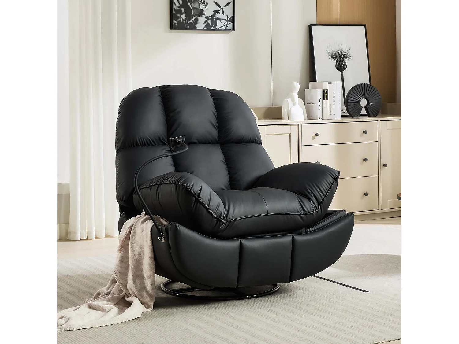 Chicago Faux Leather Swivel & Rocker Electric Recliner Chair Black