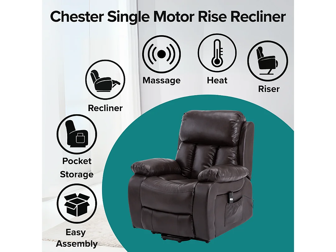 Chester Single Motor Rise Recliner Bonded Leather Heat & Massage Chair