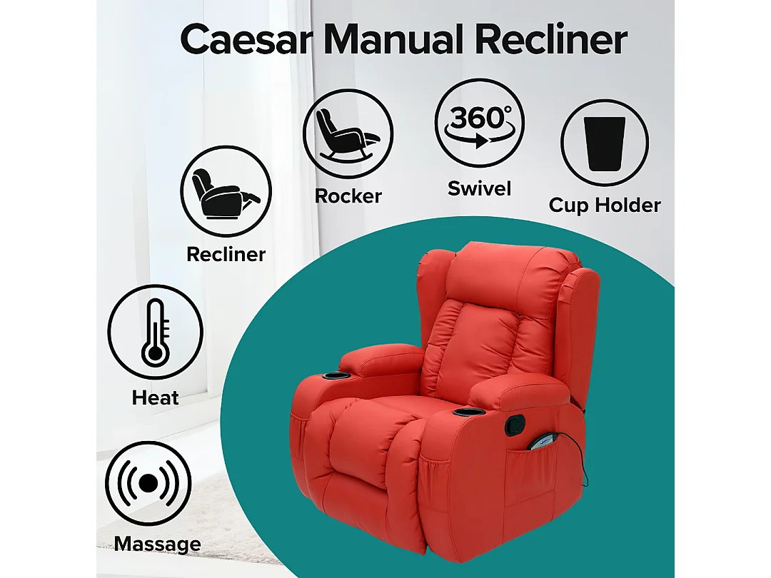 Caesar Bonded Leather Recliner Rocking Swivel Heat & Massage Chair