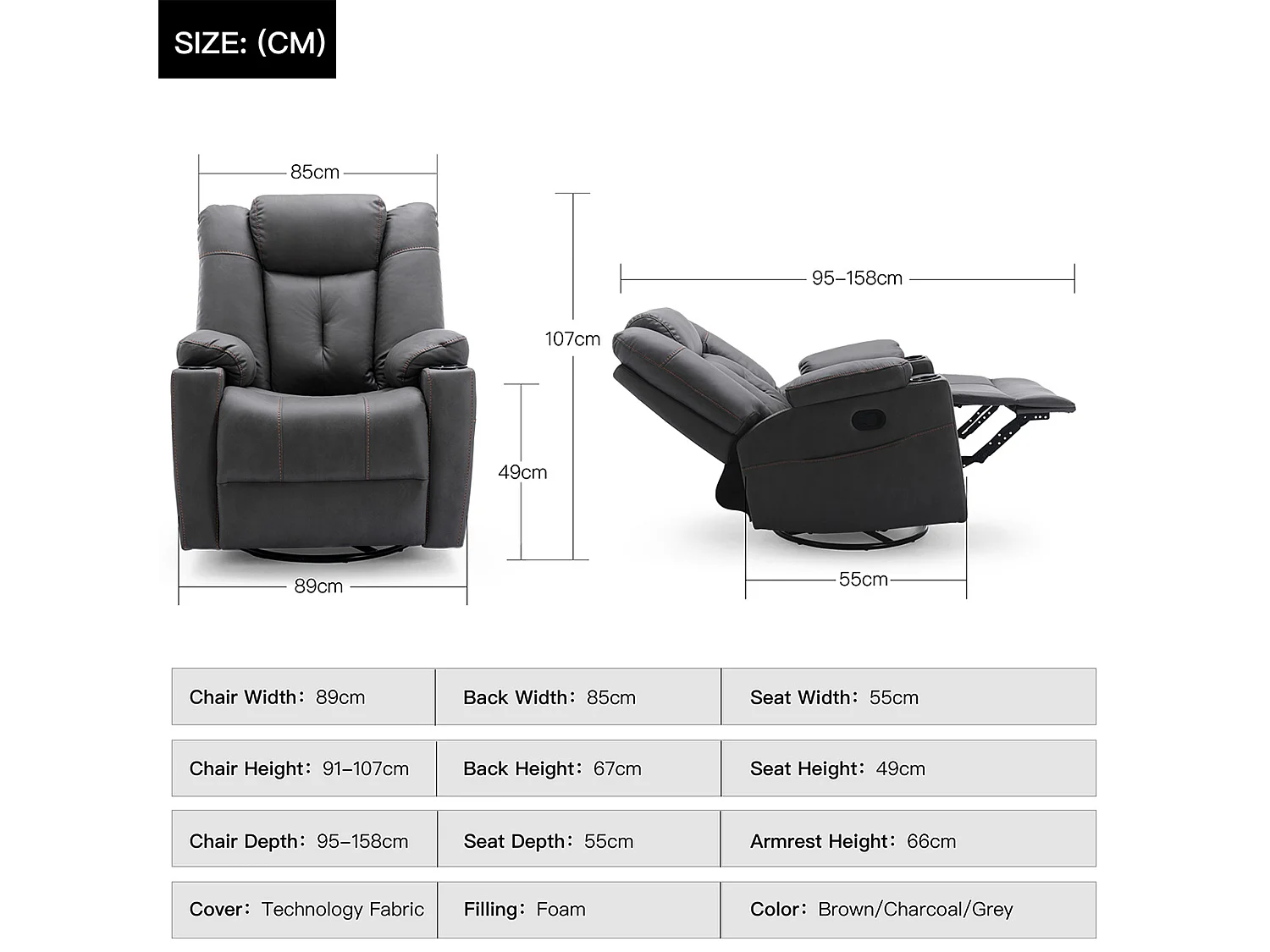 Afton Technology Fabric Recliner Rocking Swivel Cinema Sofa Chair
