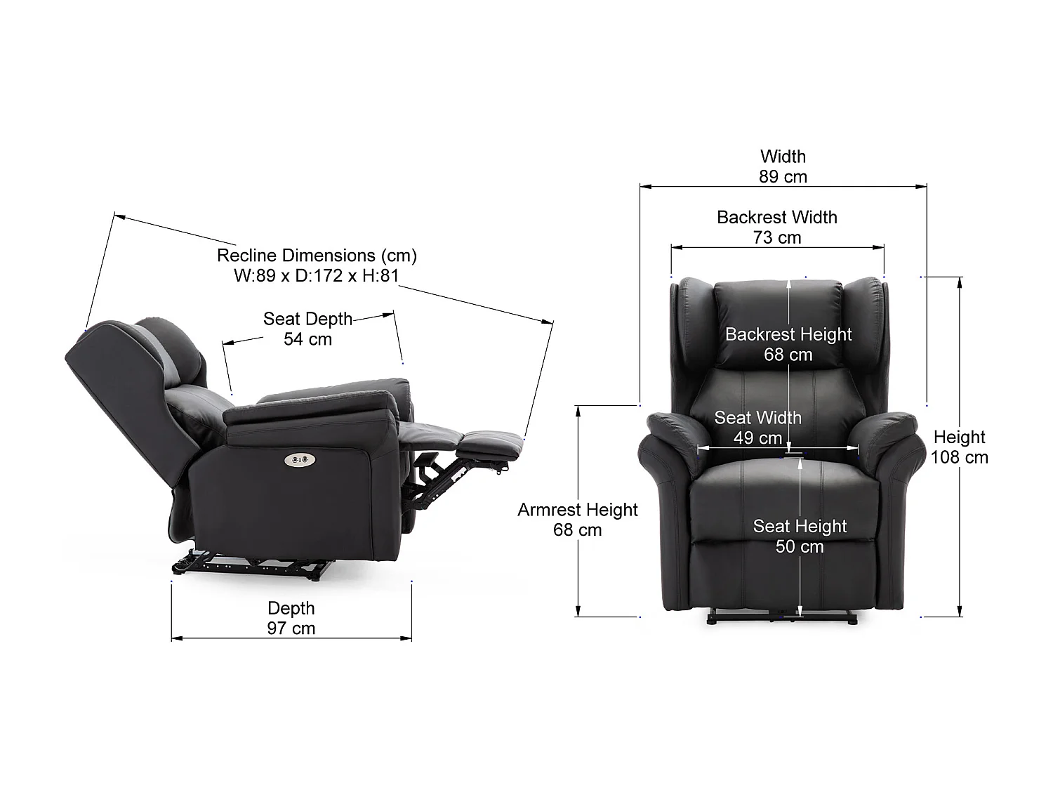 Electric Recliner Chair Wingback Design & USB Port In Bonded Leather