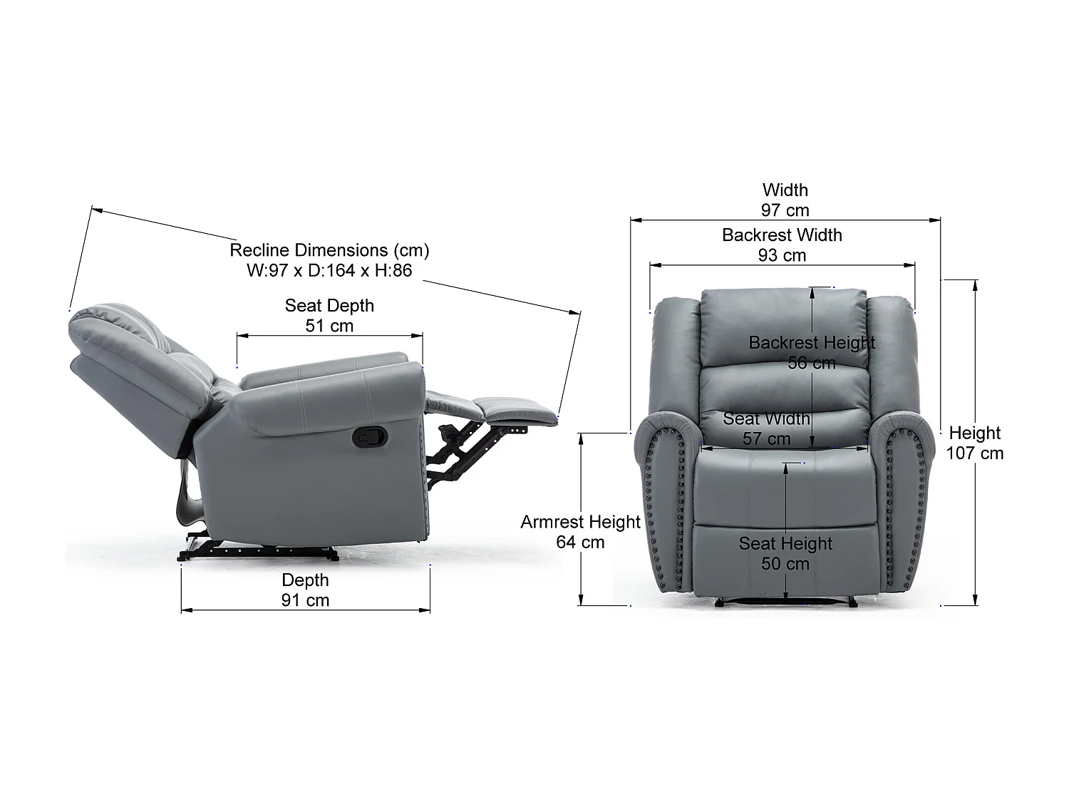 Denver Bonded Leather Manual Recliner Stud Sofa Home Lounge Chair