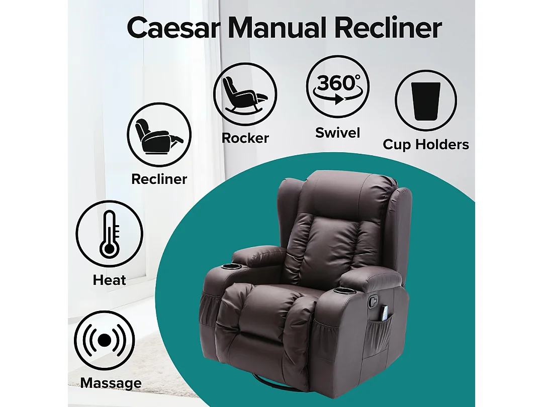 Caesar Bonded Leather Recliner Rocking Swivel Heat & Massage Chair