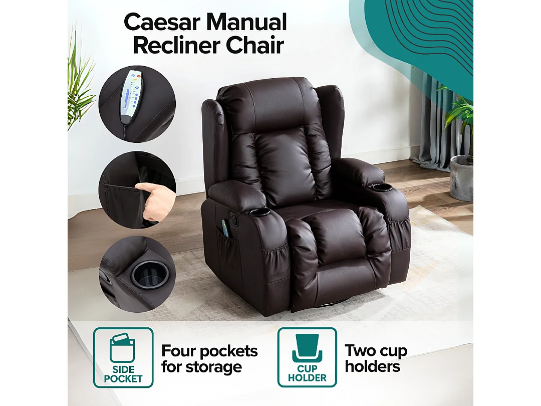 Caesar Bonded Leather Recliner Rocking Swivel Heat & Massage Chair
