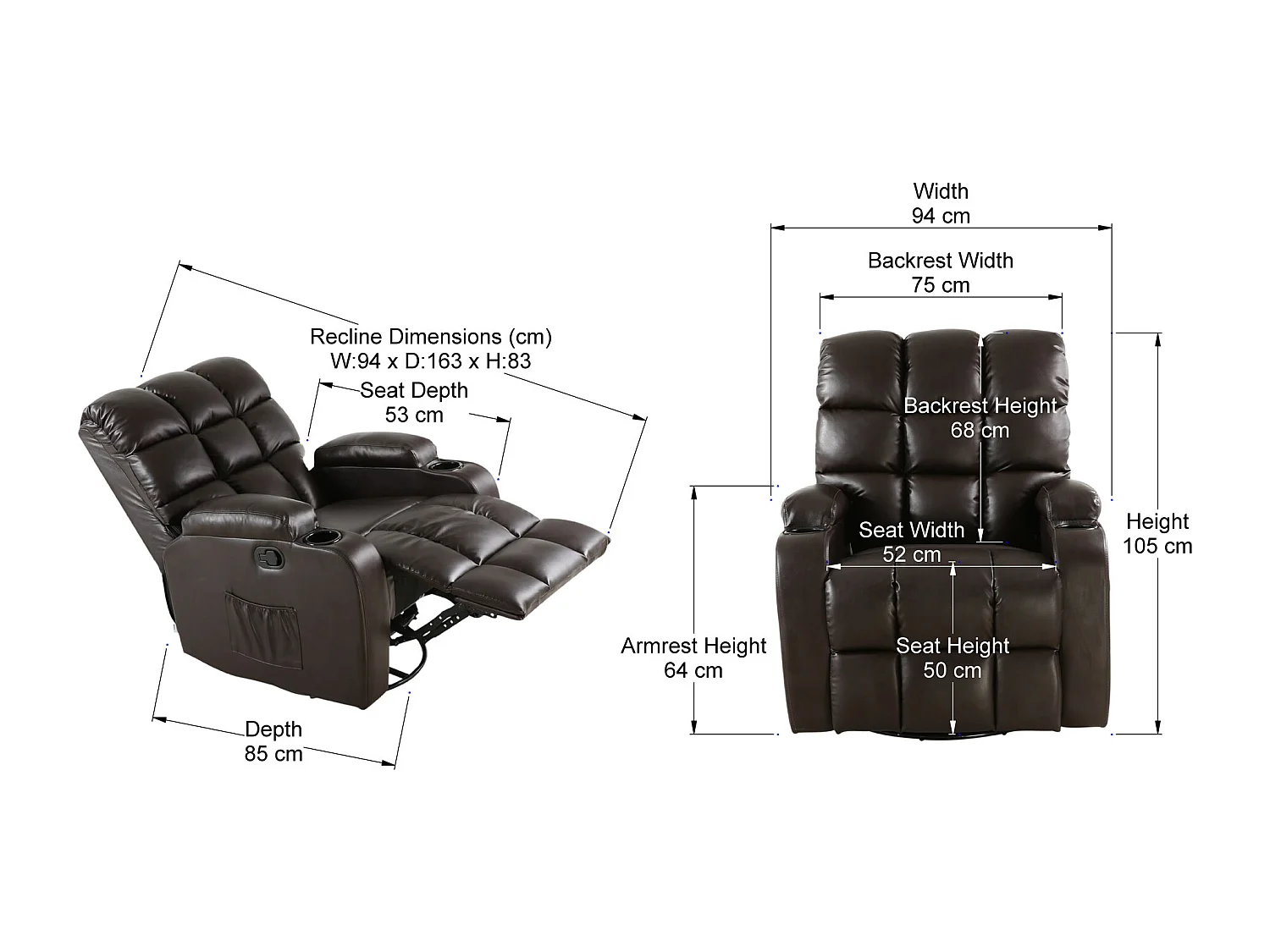 Regal Bonded Leather Recliner Rocking Swivel Heat & Massage Chair