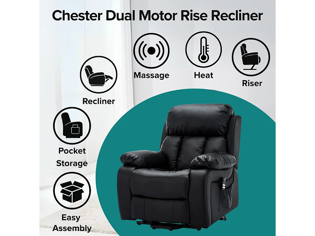 Chester Dual Motor Rise Recliner Heat and Massage Bonded Leather Chair