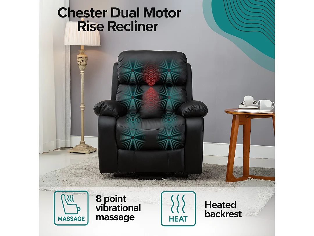 Chester Dual Motor Rise Recliner Heat and Massage Bonded Leather Chair