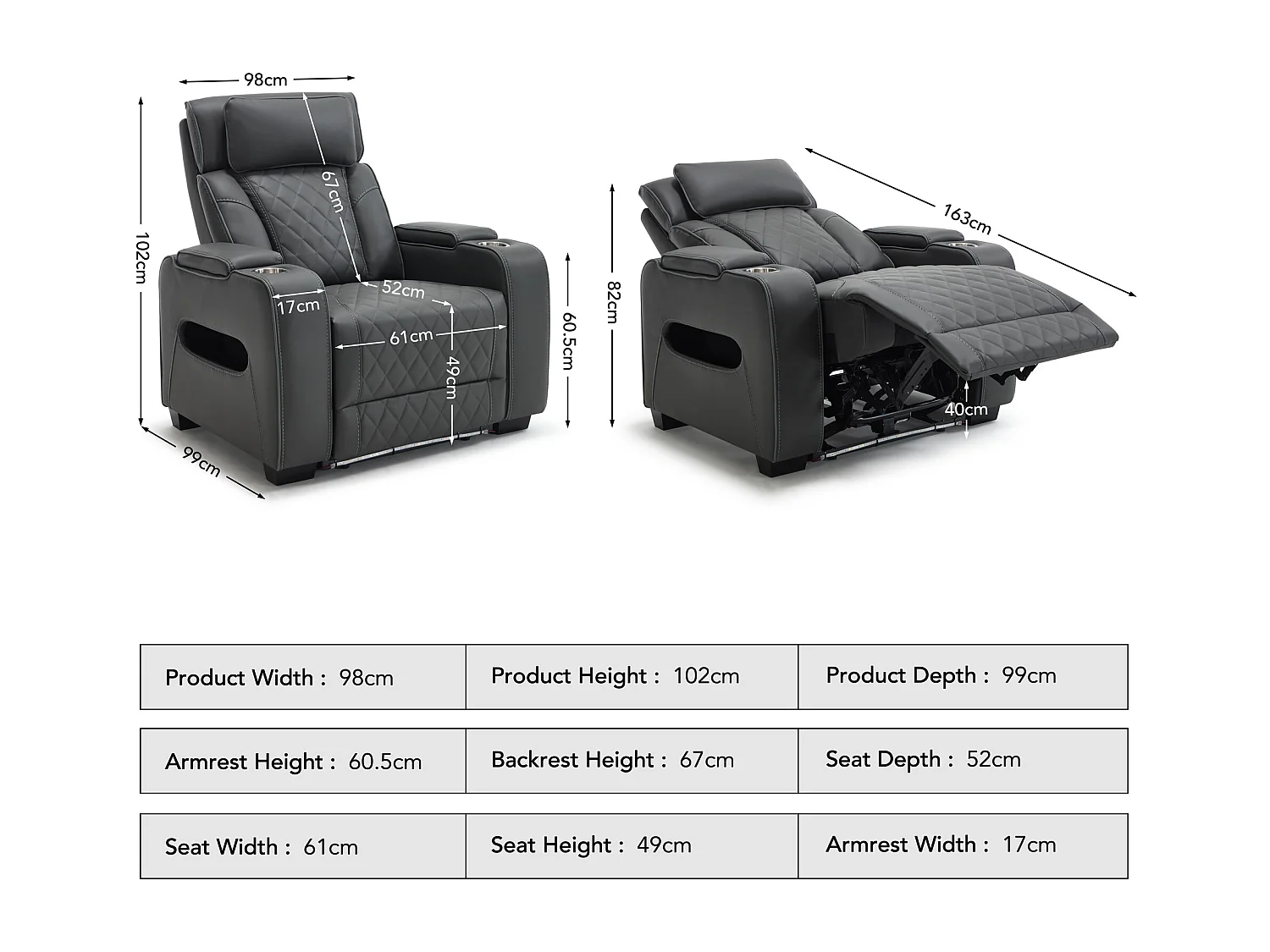 Capri Electric Recliner Cinema Chair w USB/C Charging and LED Lighting
